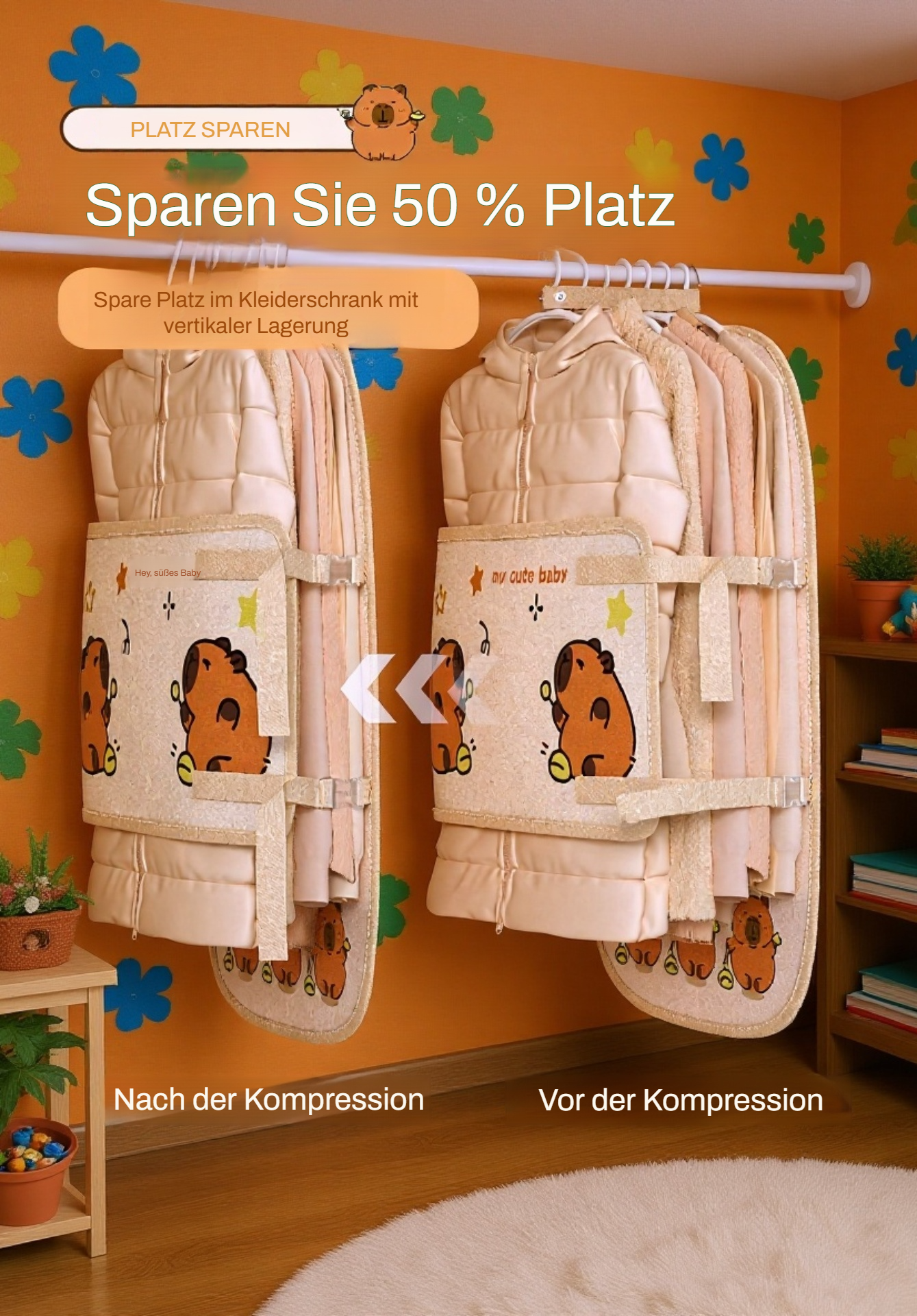 Kleidung ordentlich gestapelt auf Kompressions-Aufbewahrungsplatte