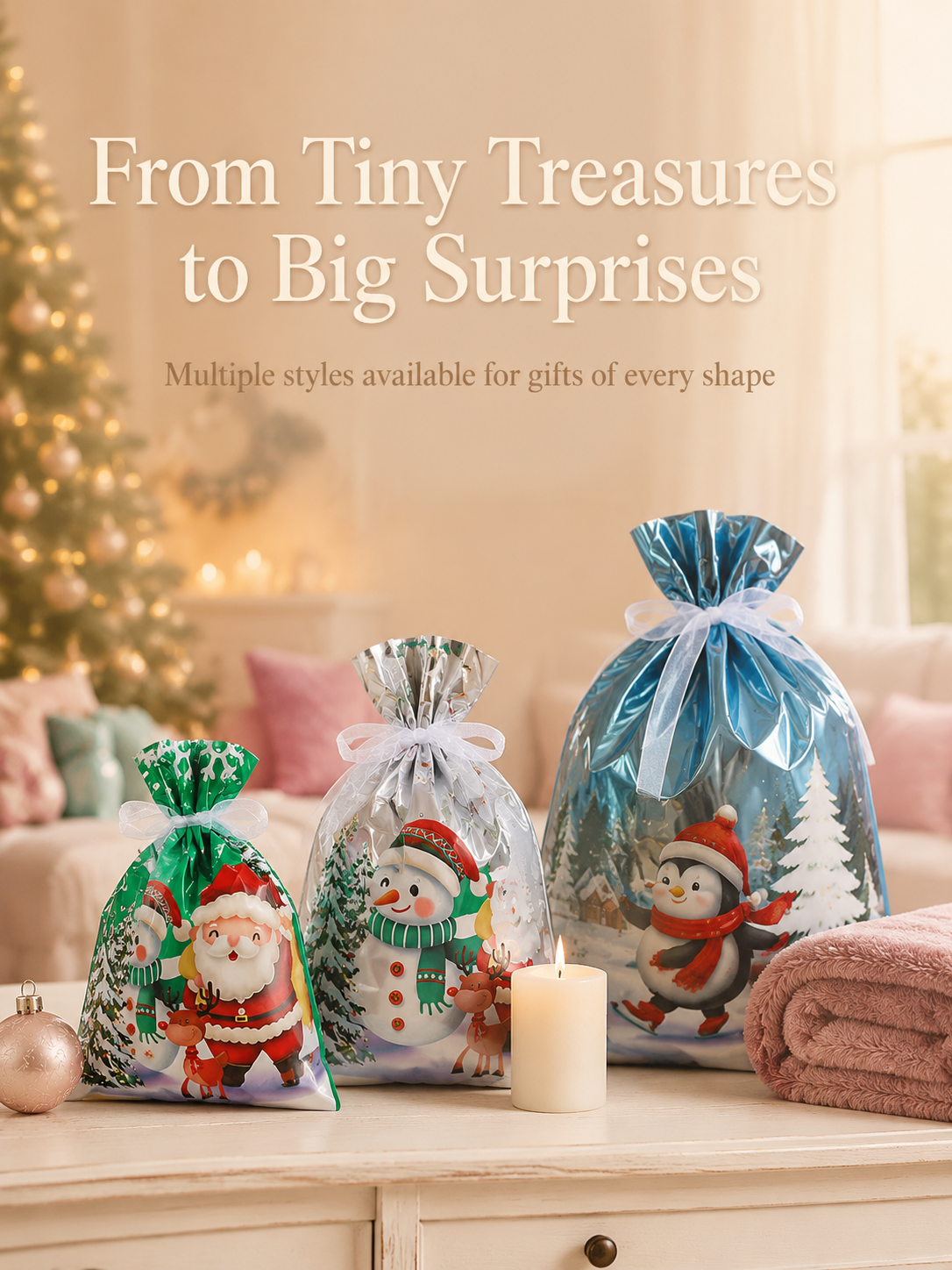 Assorted holiday drawstring bags for Christmas presents