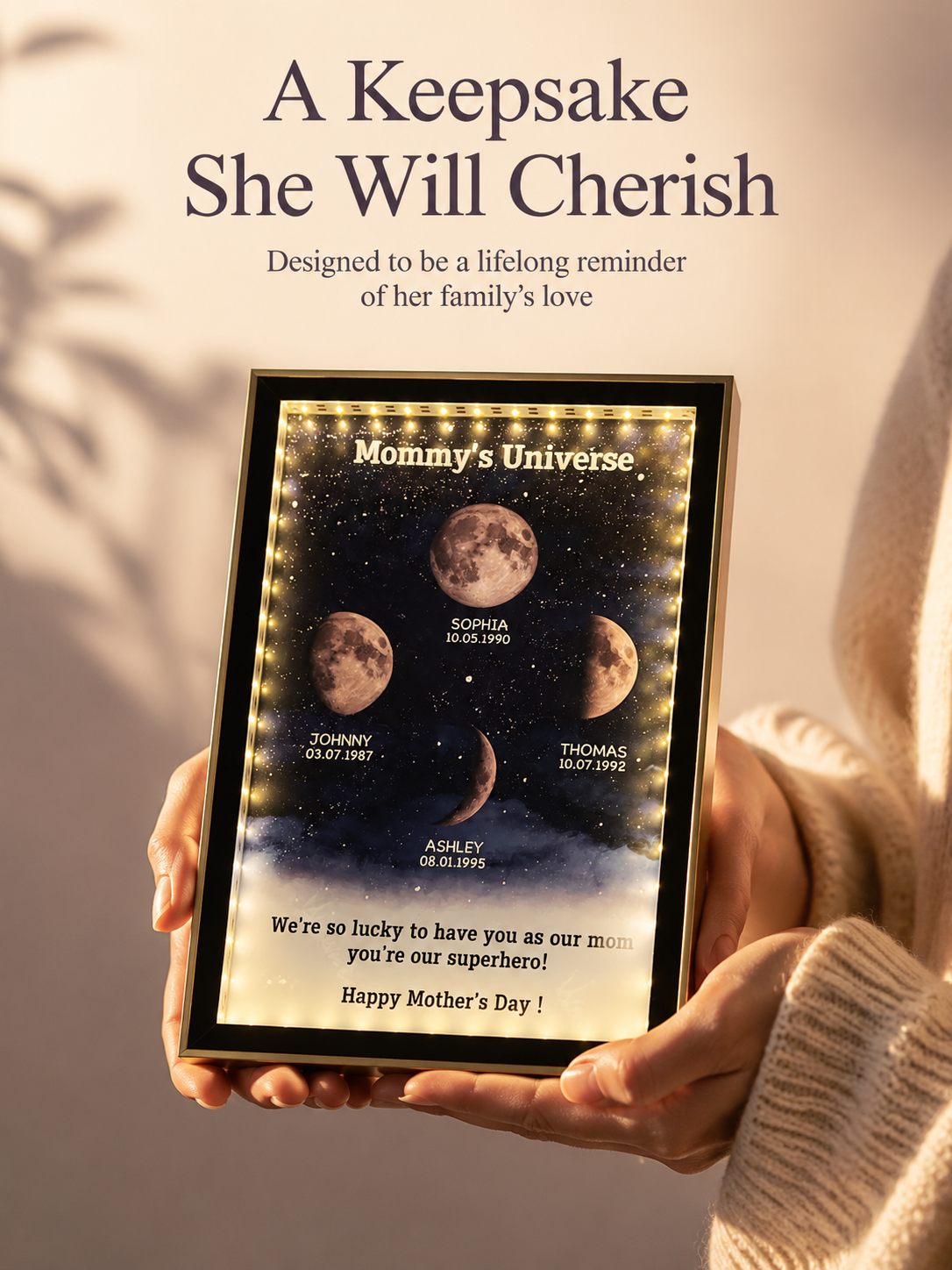 Elegant moon phase mirror lamp for Mother's Day