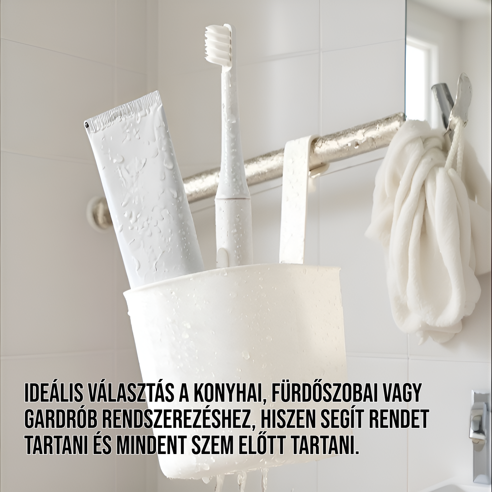 Helytakarékos tárolókosár polcon elhelyezve