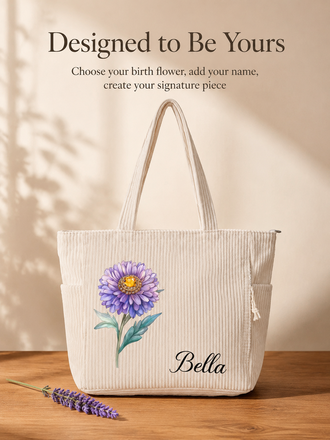 Personalized corduroy tote bag with birth flower and custom name