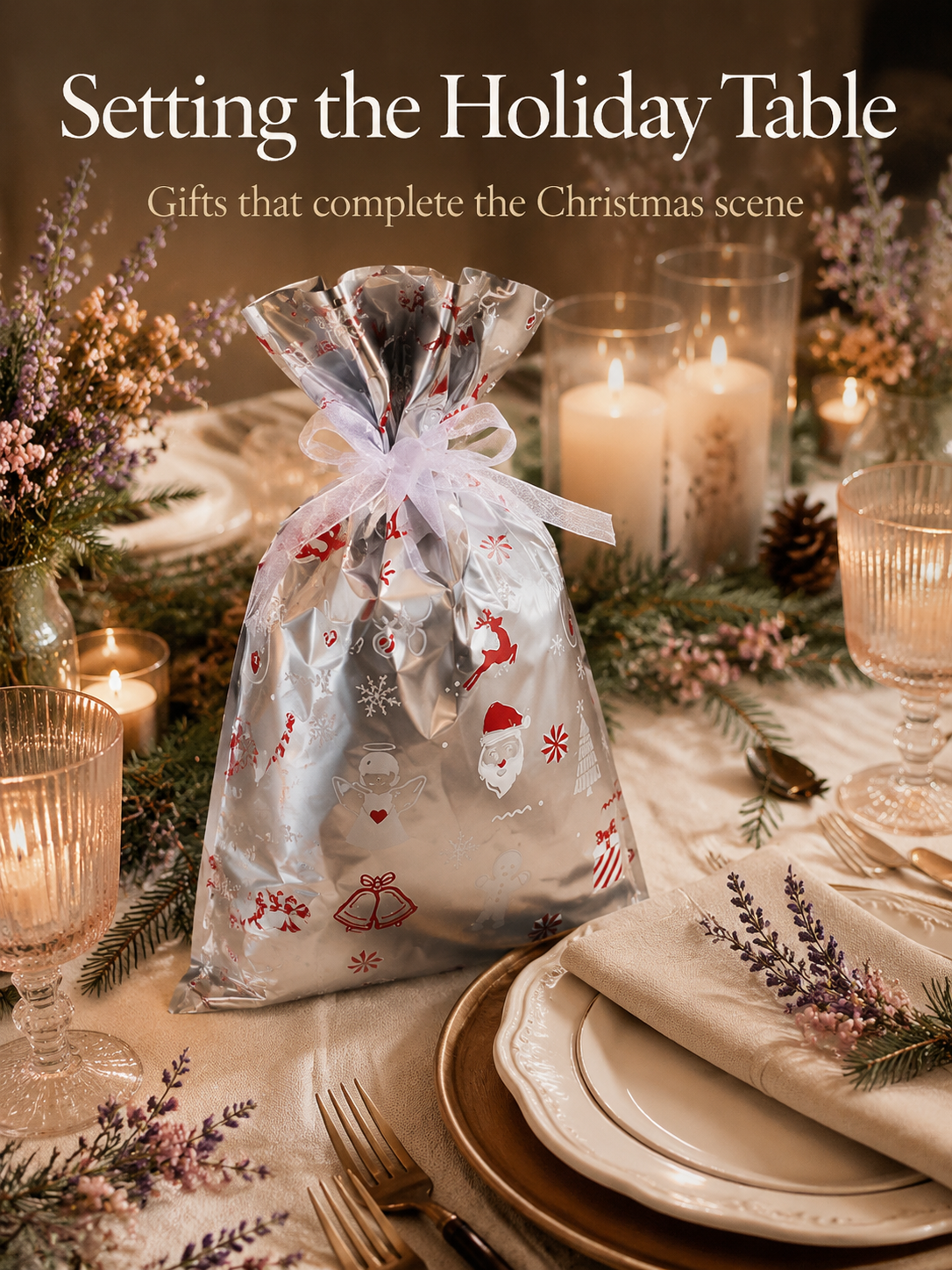 Set of Christmas gift bags with decorative ribbons