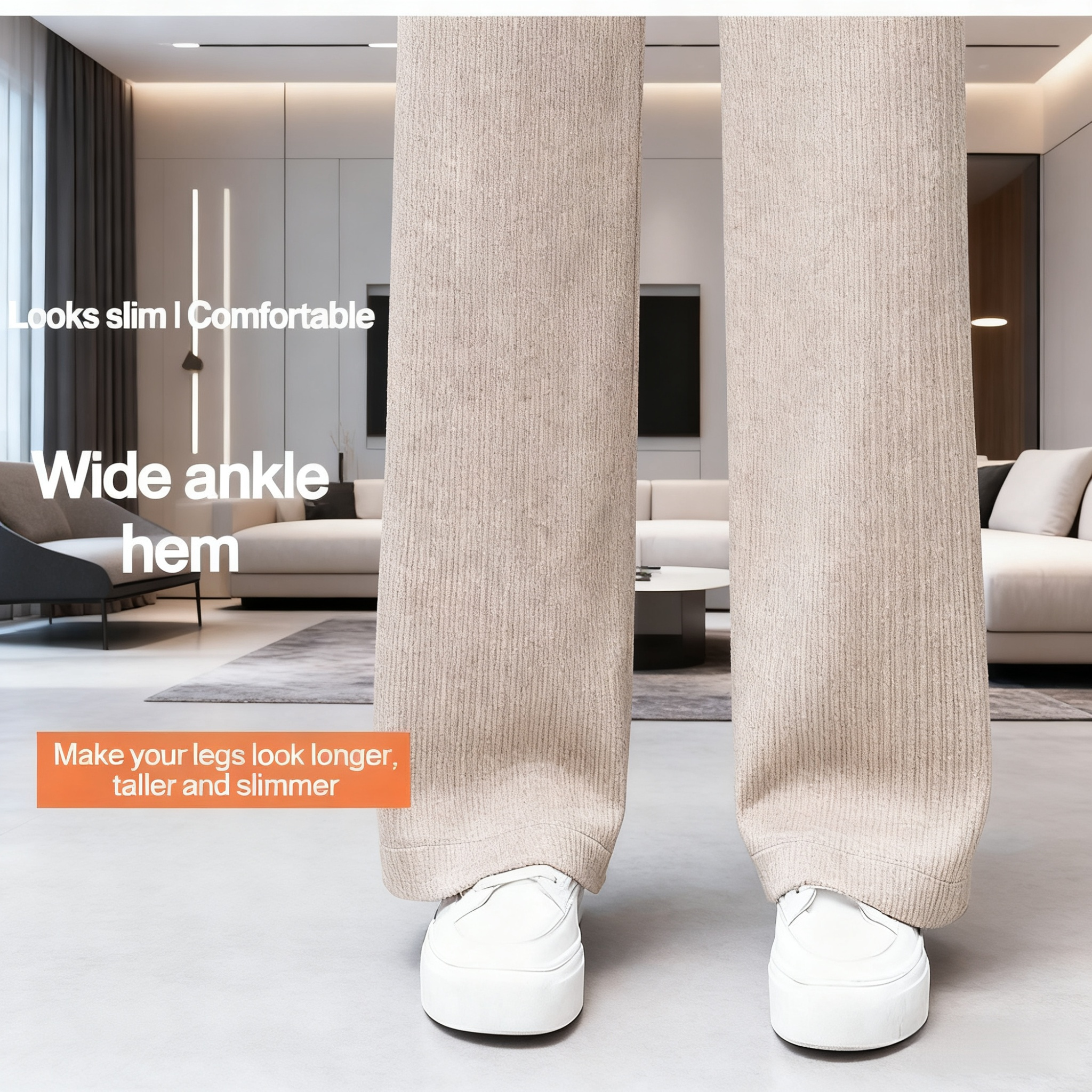 Back view of slim wide-leg corduroy trousers