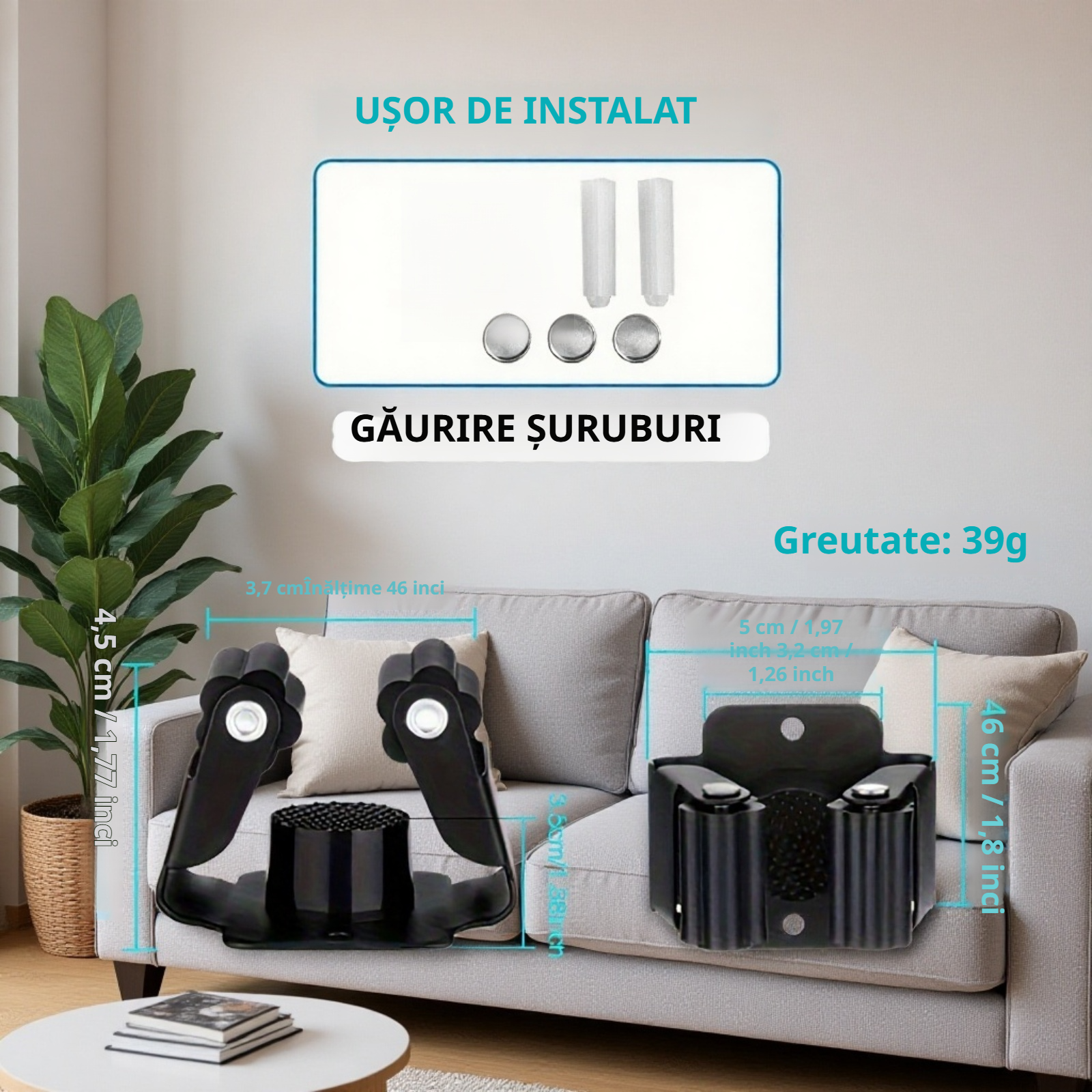 Suport organizator mop baie montat pe perete fără cuie