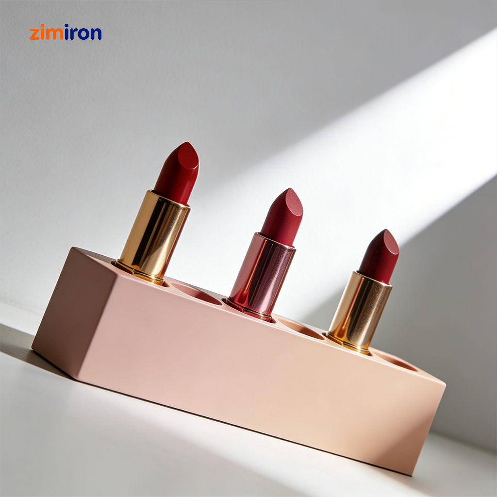 Close-up of magnetic lipstick holder with makeup items