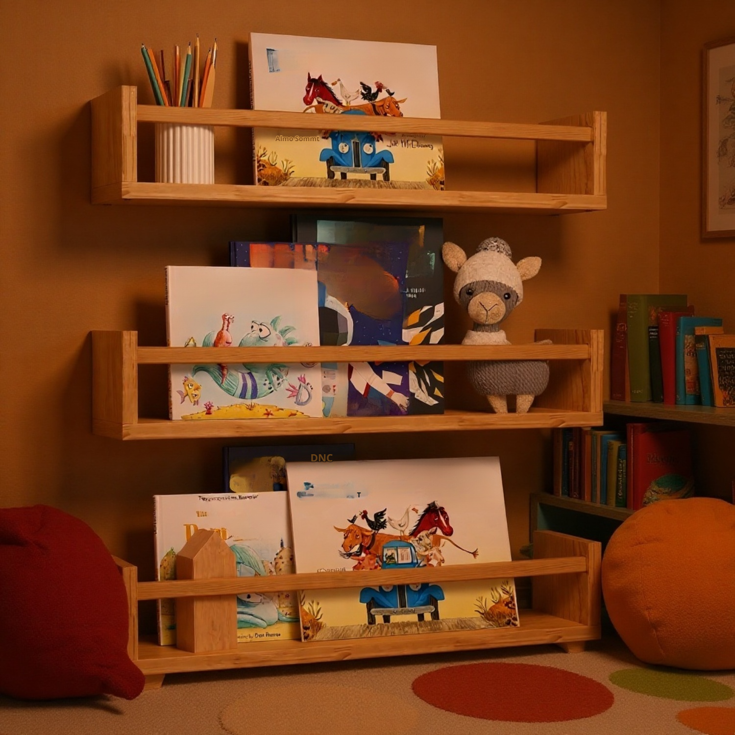 Suport de perete din lemn montat cu cărți și reviste