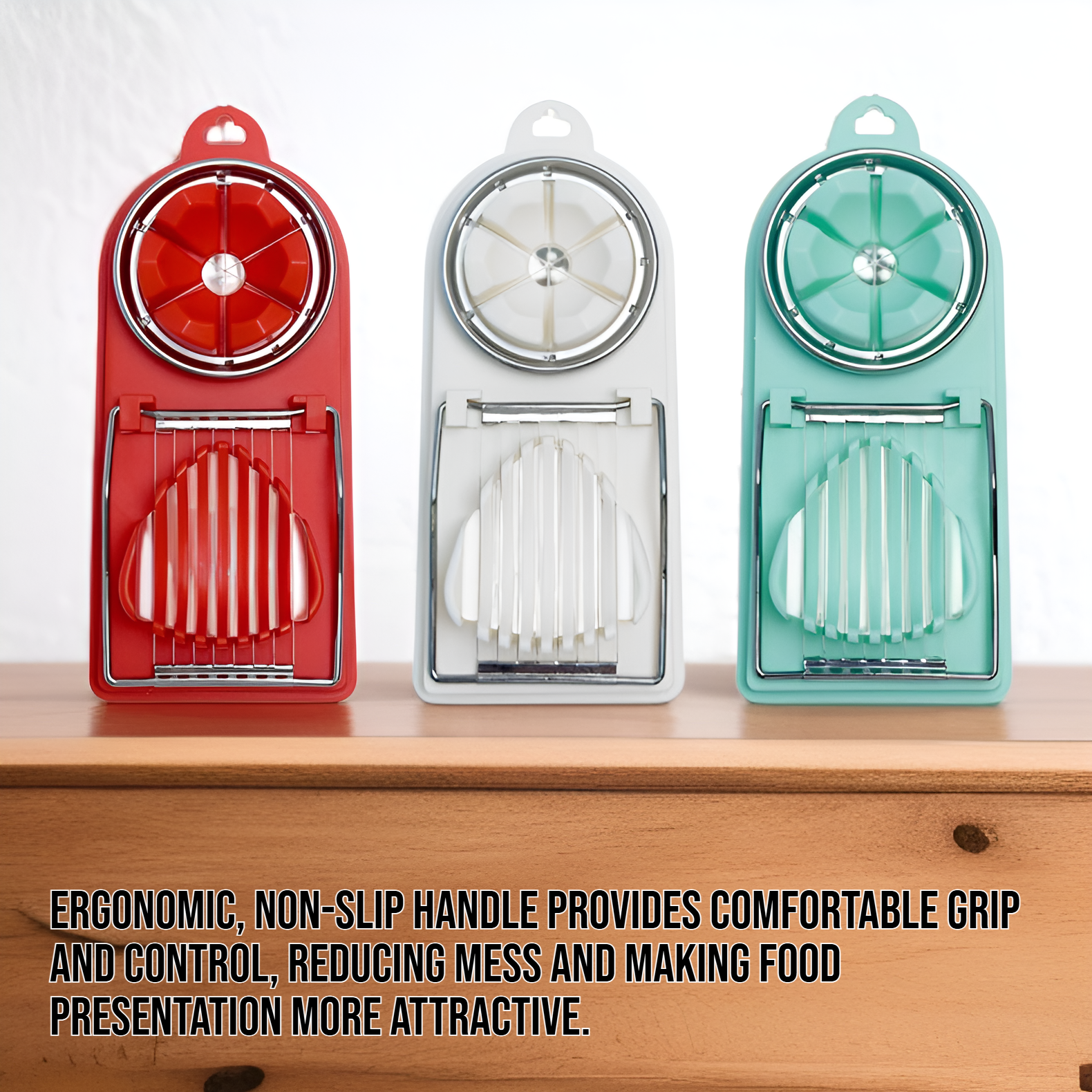 Multi-functional egg cutting and splitting tool close-up view