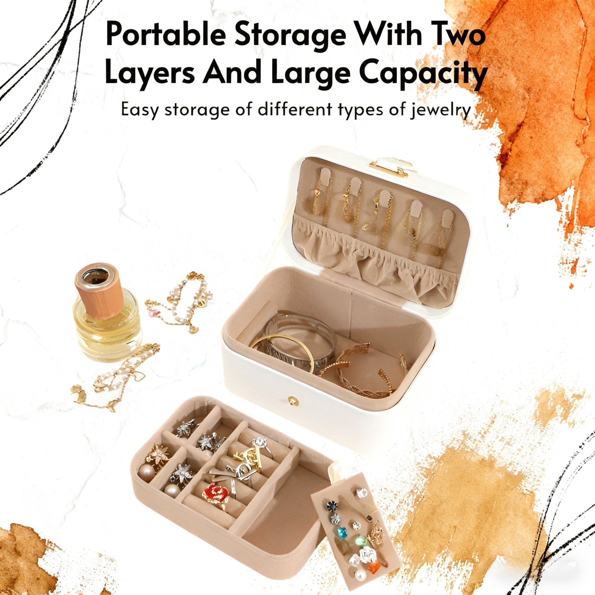 Compact travel jewelry organizer open with jewelry inside