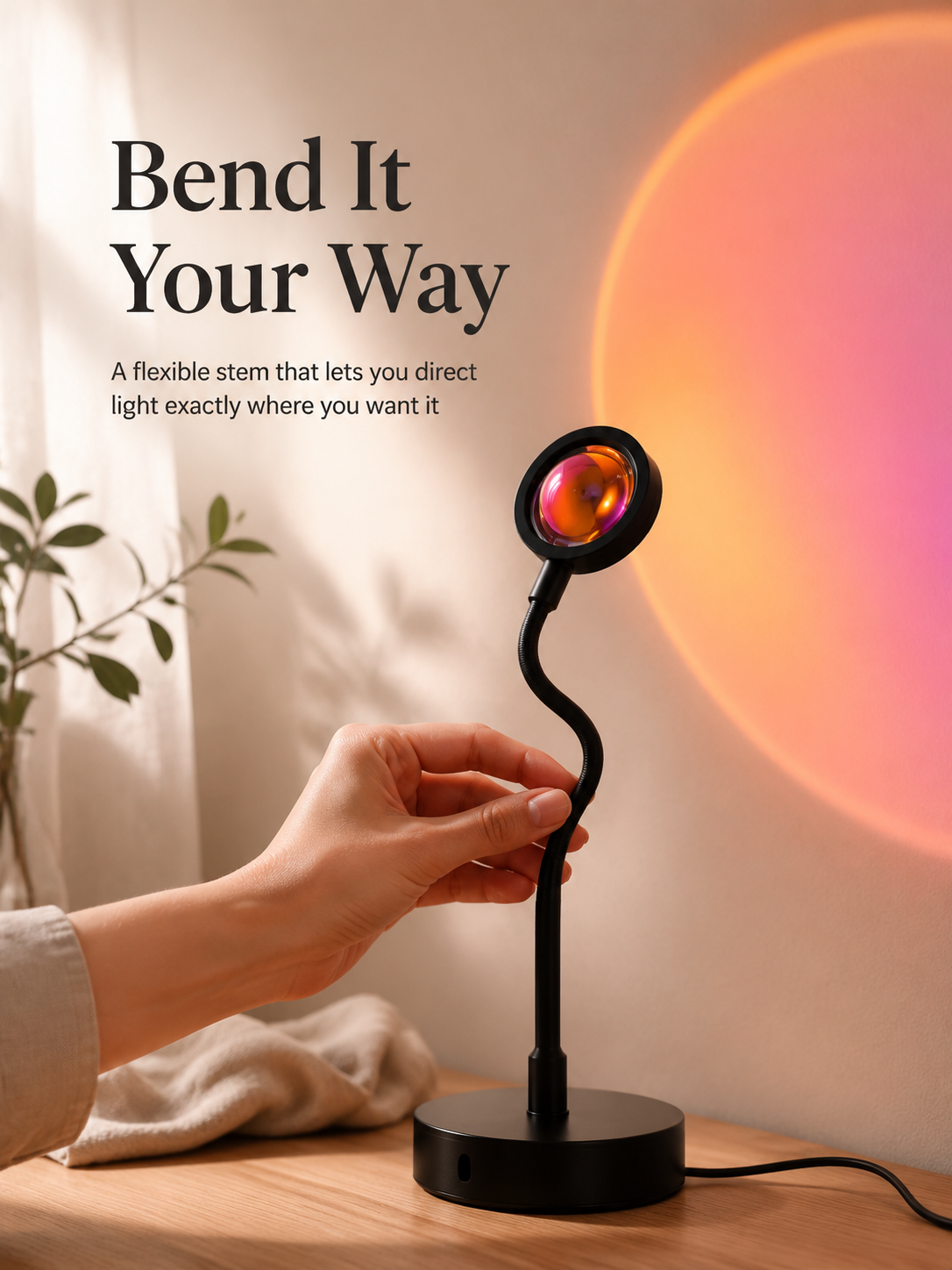 Creative Hose Sunset Projector casting warm sunset light in living room