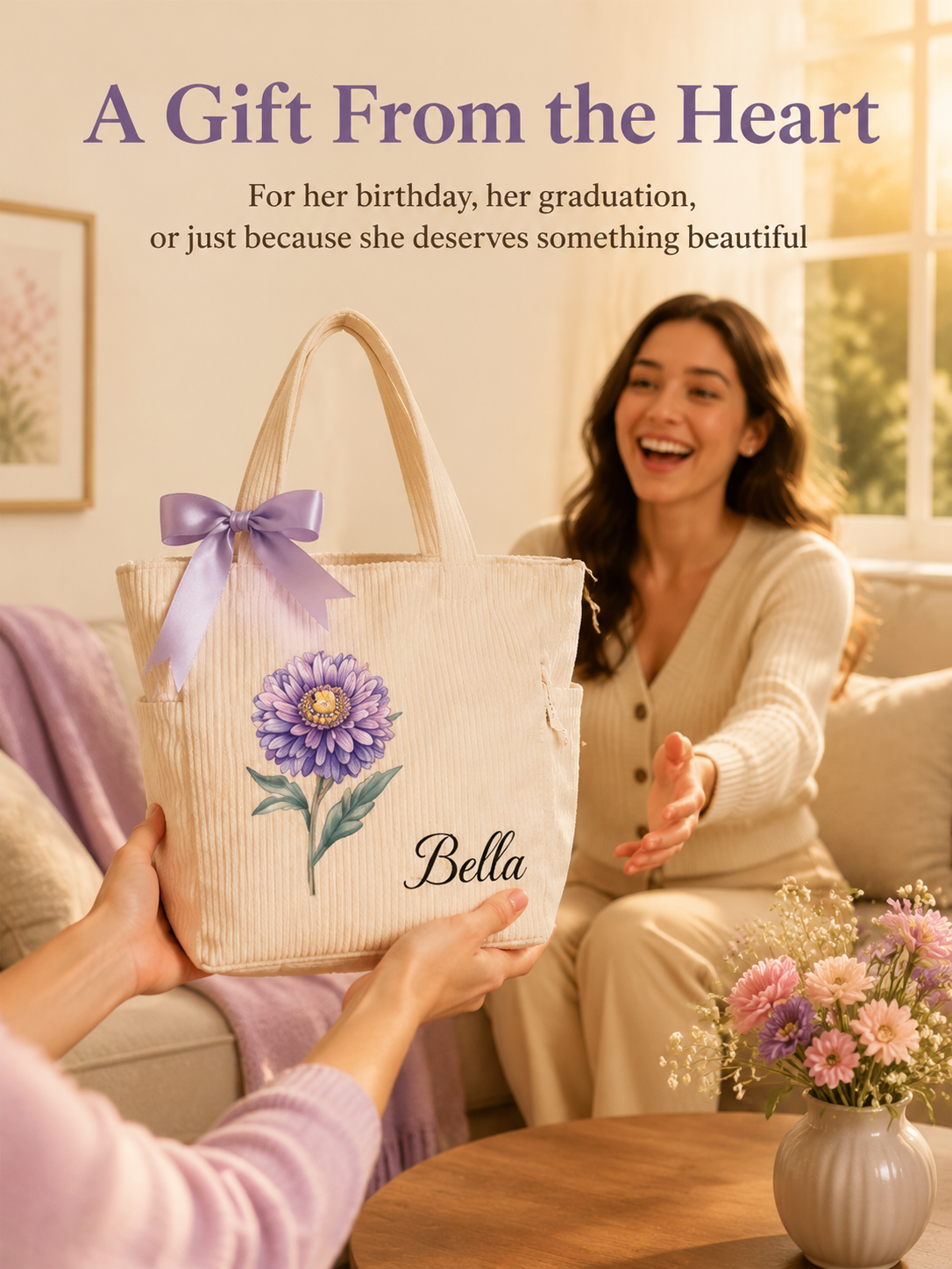Stylish corduroy tote featuring birth flower embroidery