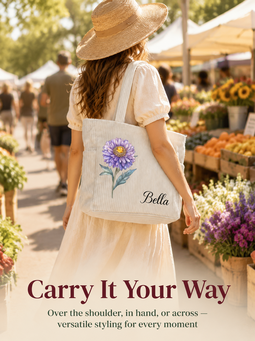 Custom name and birth flower embroidered on corduroy tote