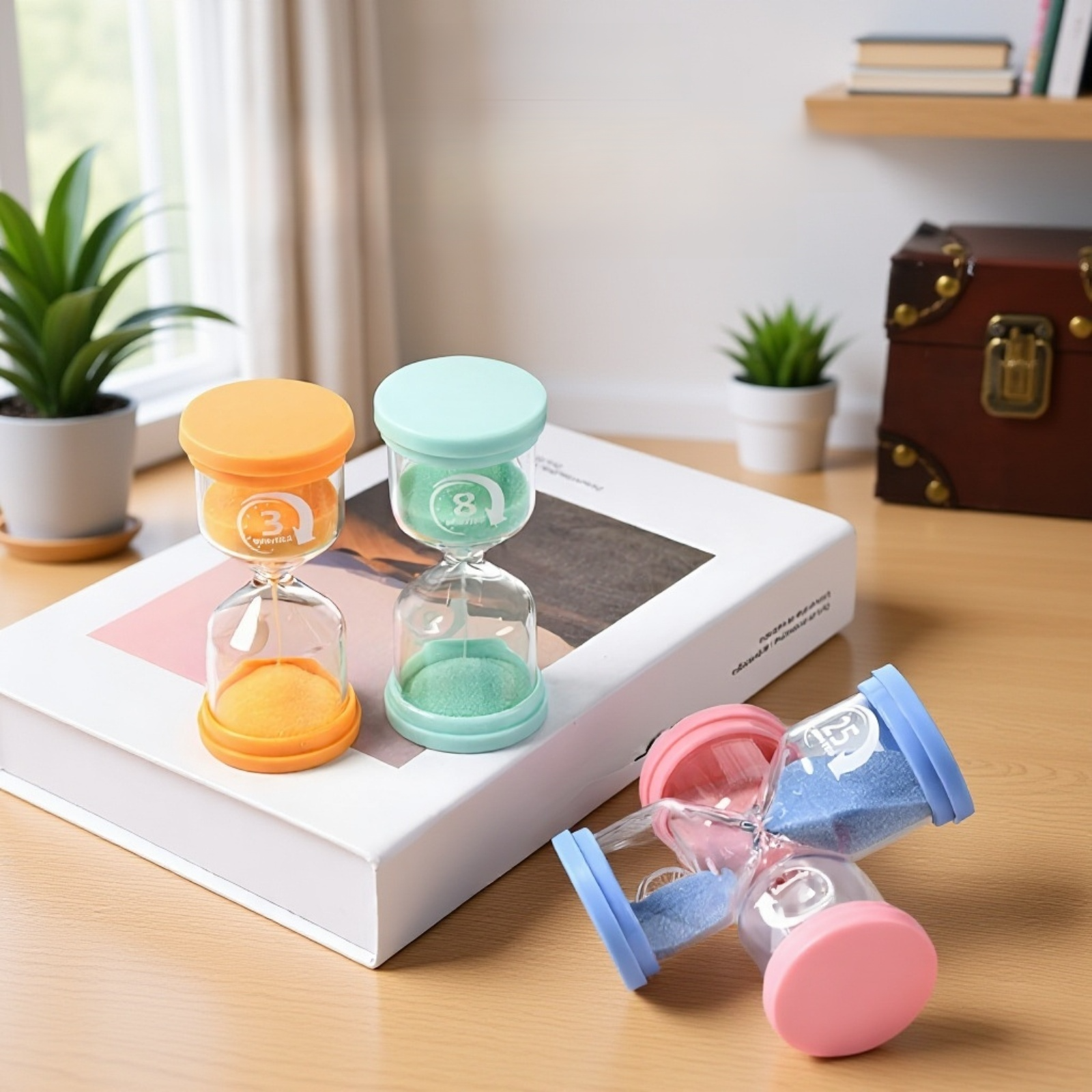 Macaron-inspired sand timer for playful routines