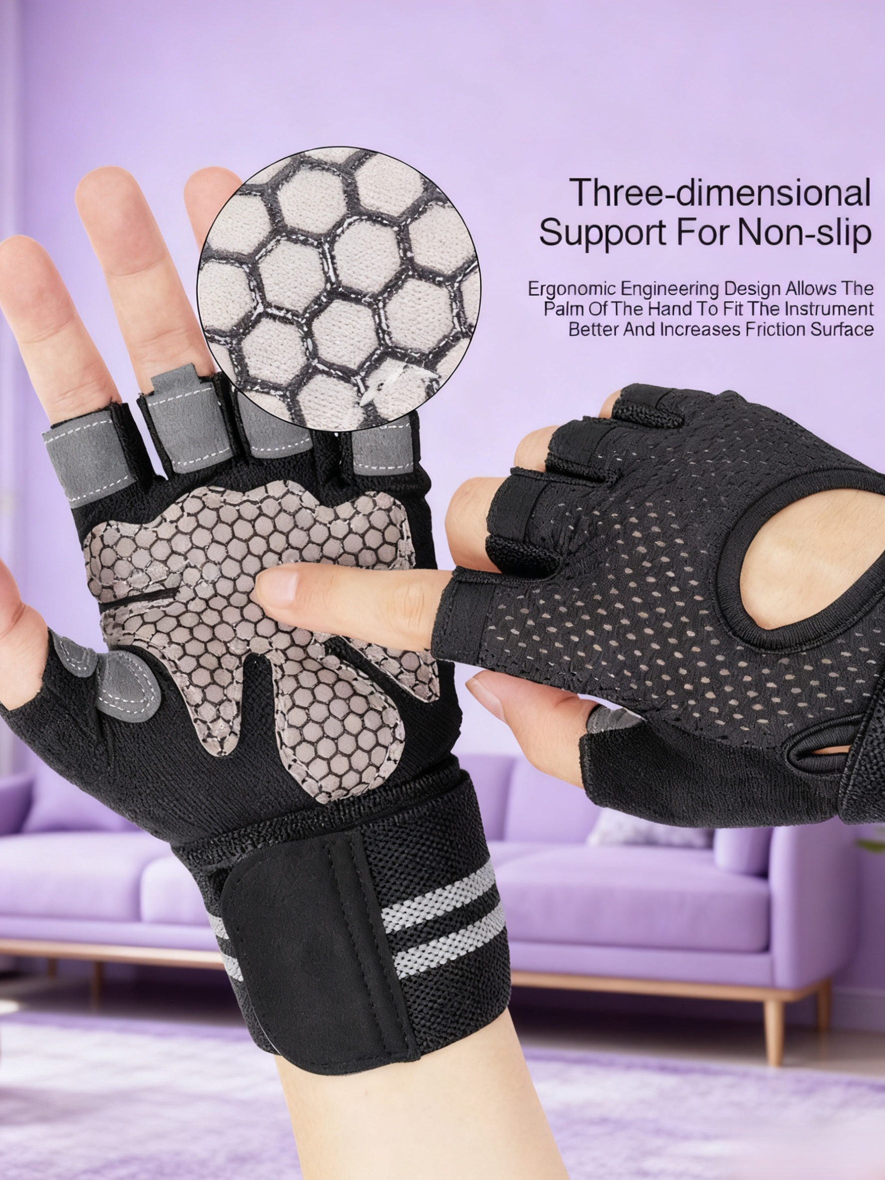 Yoga workout gloves with adjustable wrist strap