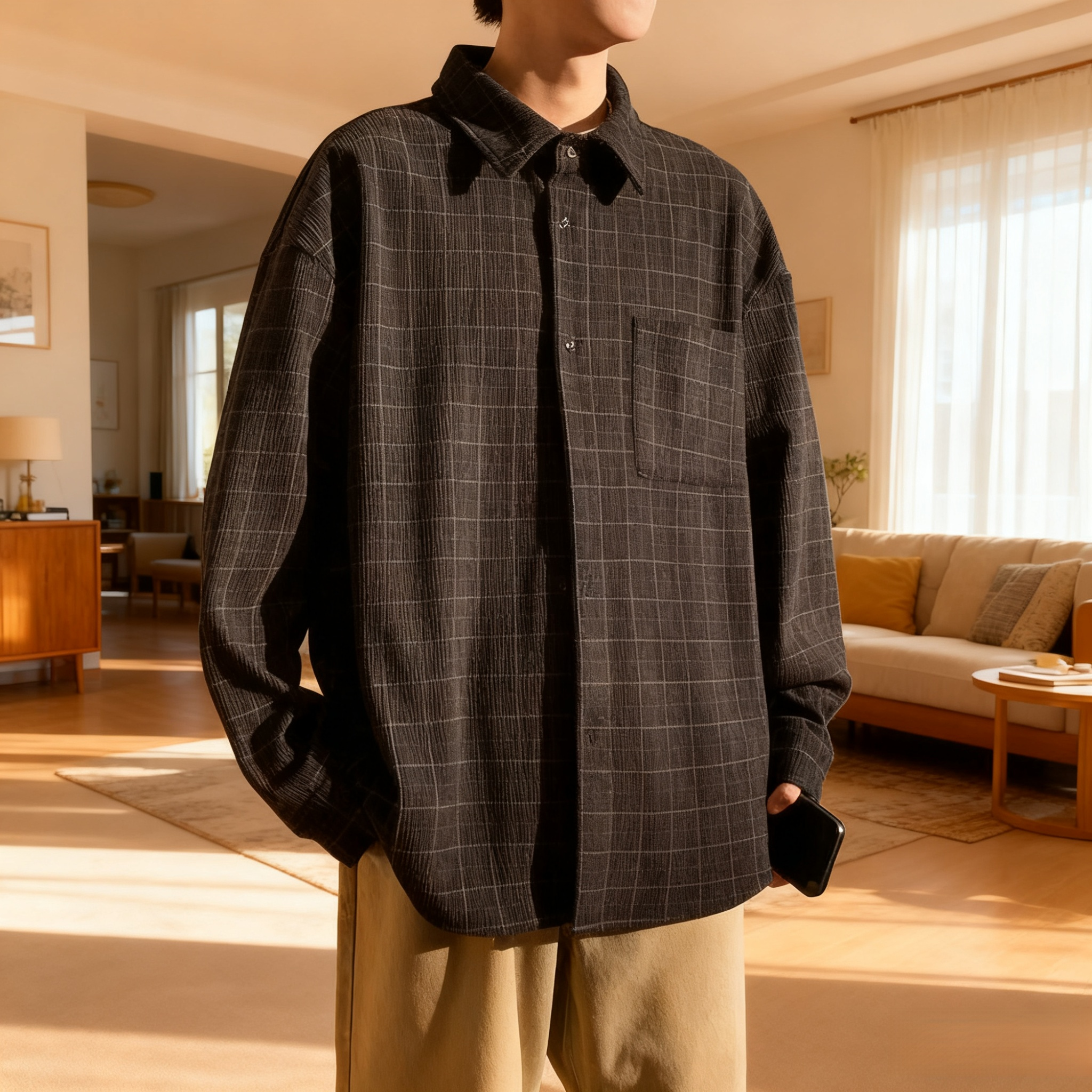 Model wearing vintage plaid corduroy long sleeve jacket outdoors