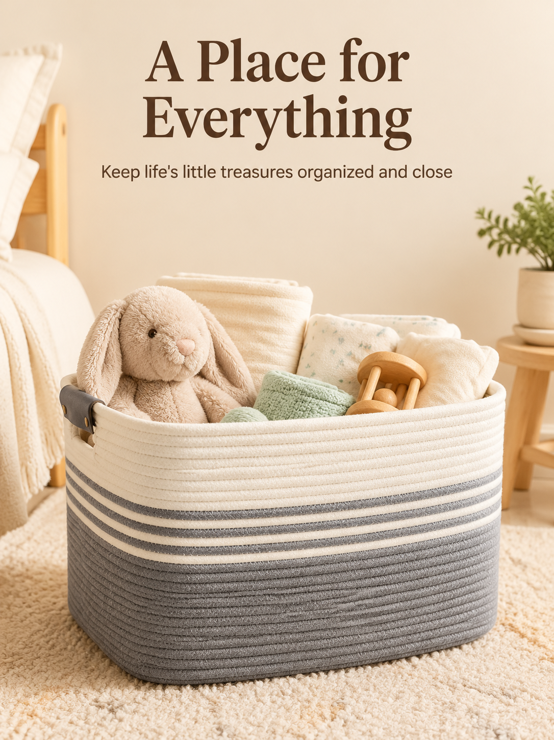 Minimalist design storage basket with leather accent