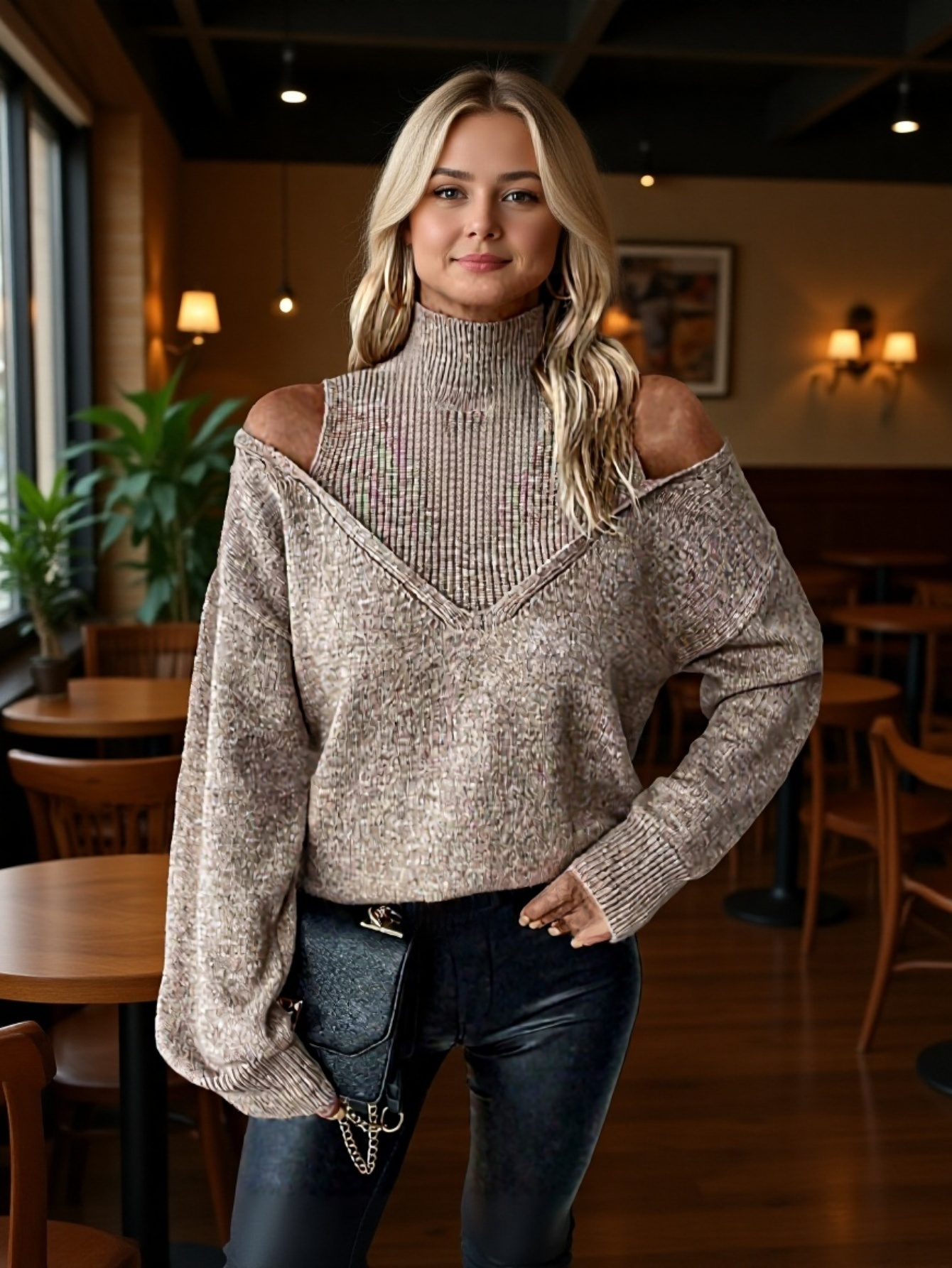 Schulterfreier Pullover mit halbem Stehkragen in Schwarz