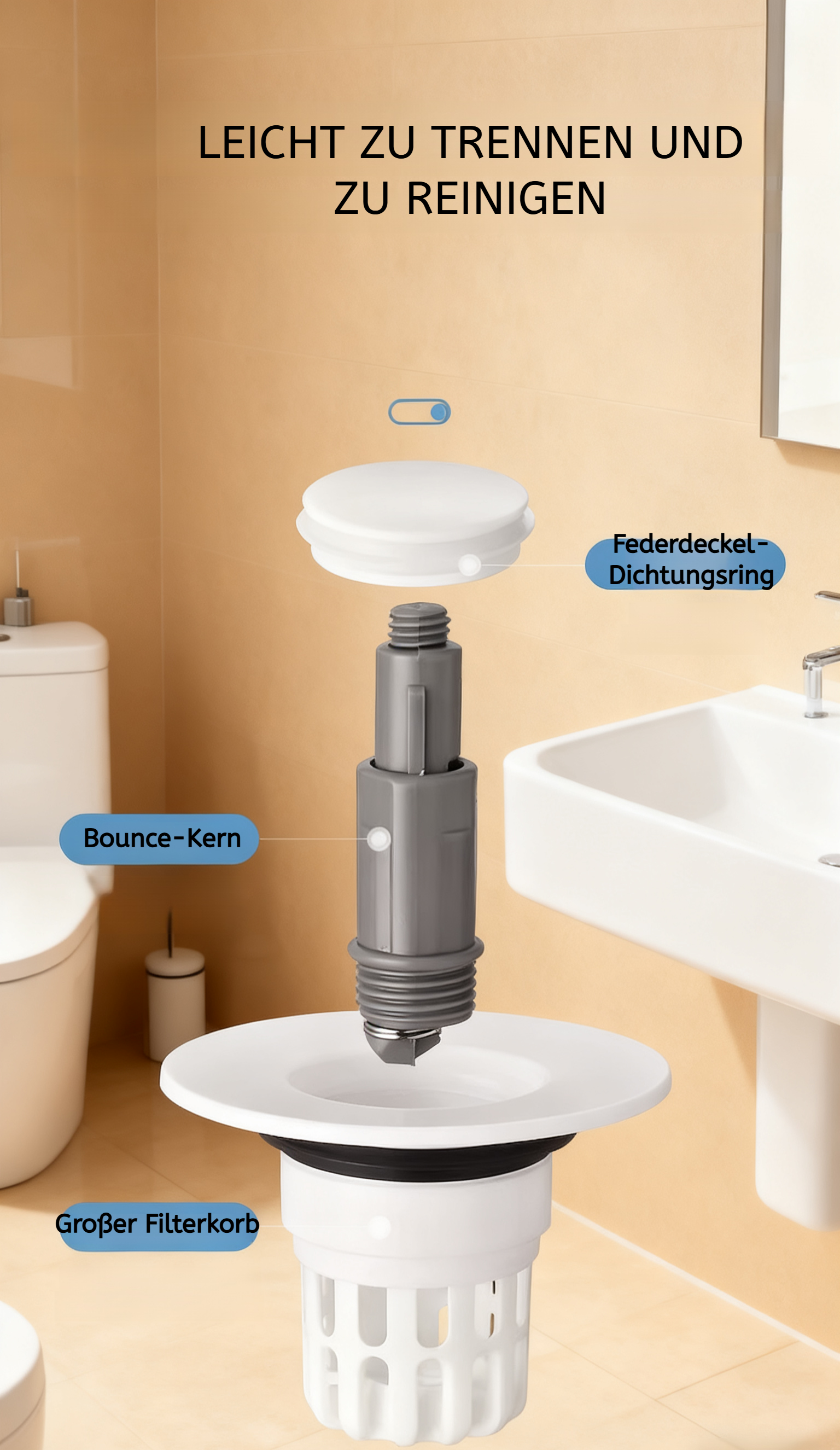 Installation des Geruchsfilters mit Pop-up-Ventil am Waschbecken