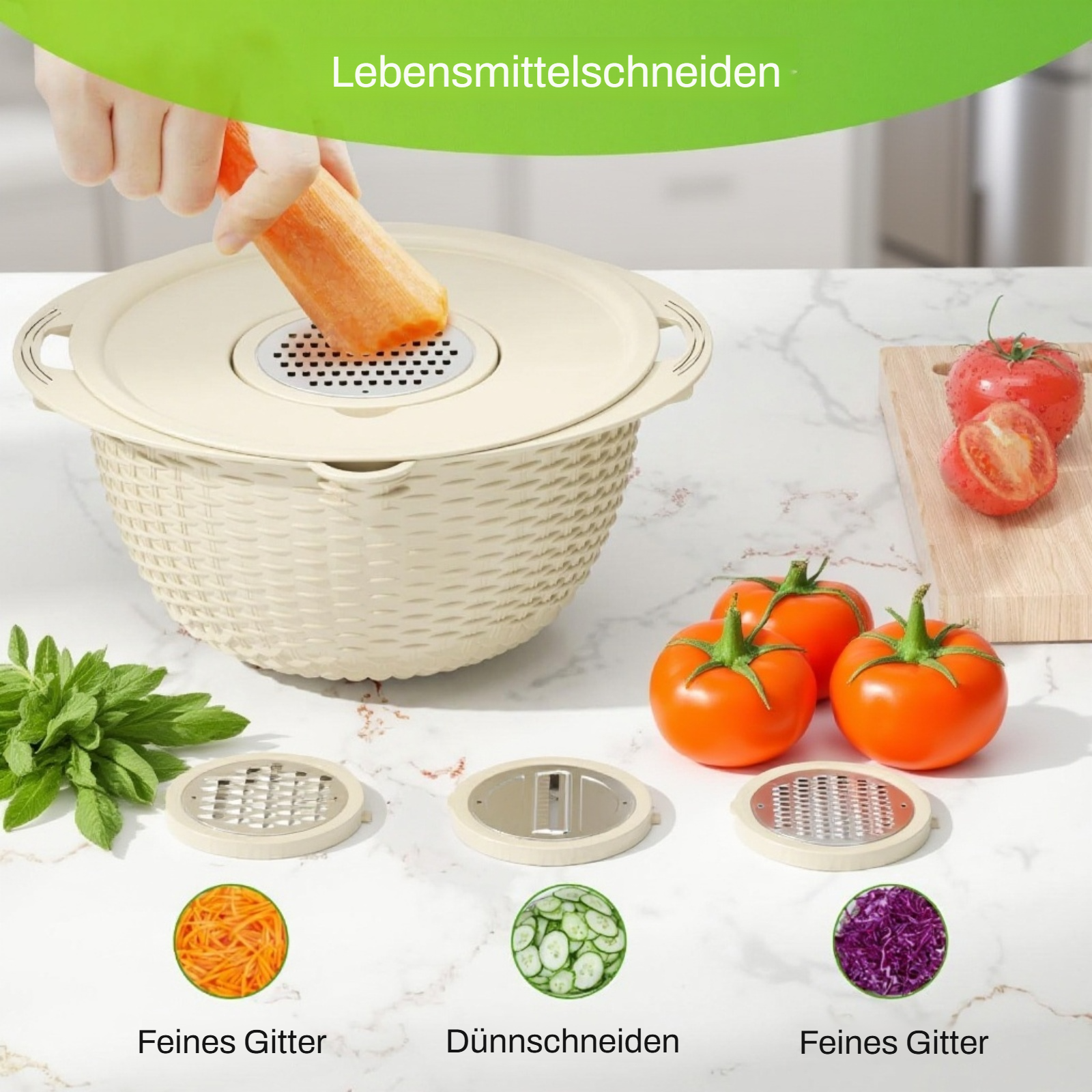 Multifunktionaler Schneidekorb aus Edelstahl mit integriertem Sieb