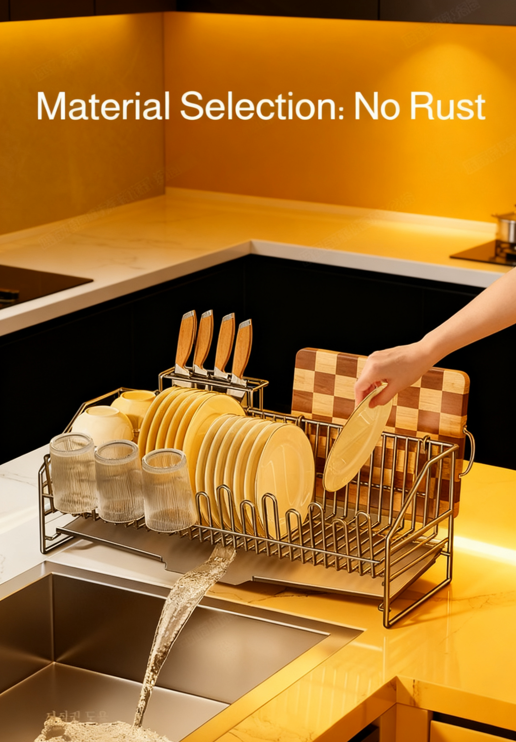Close-up of tableware draining rack with utensils and plates