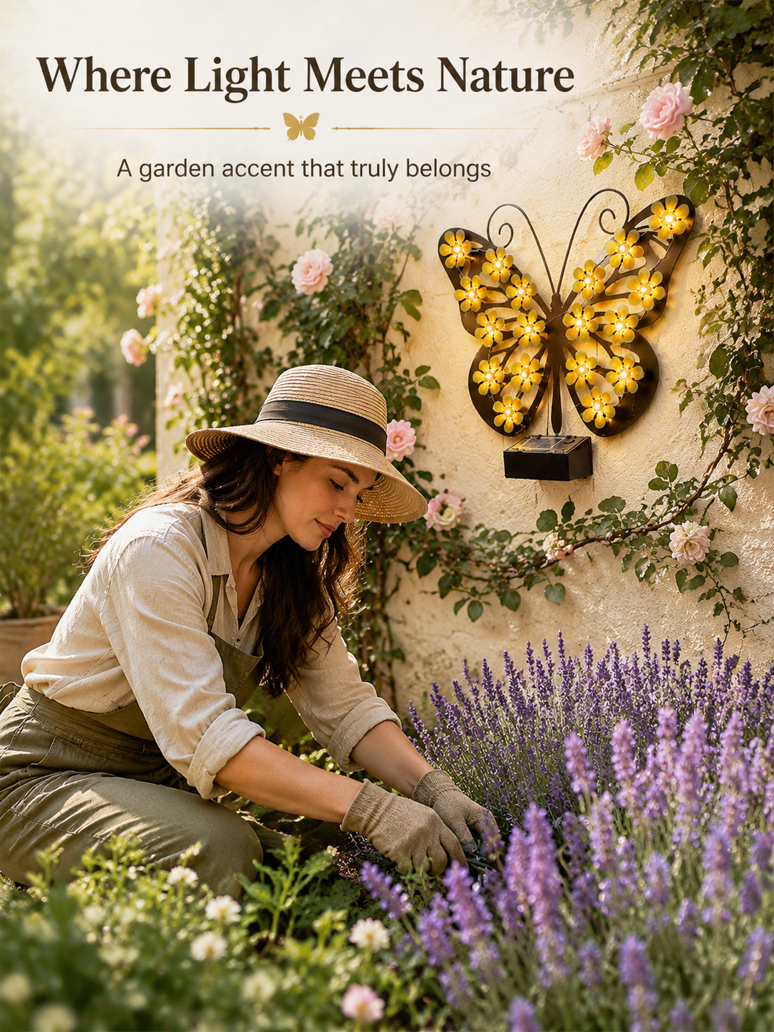 Solar outdoor wall lamp with butterfly design installed on garden fence