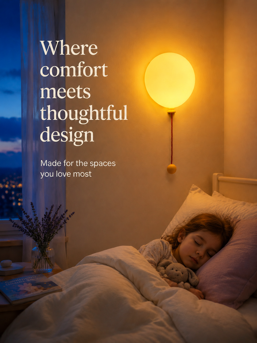 Colorful balloon-shaped night light on a bedside table