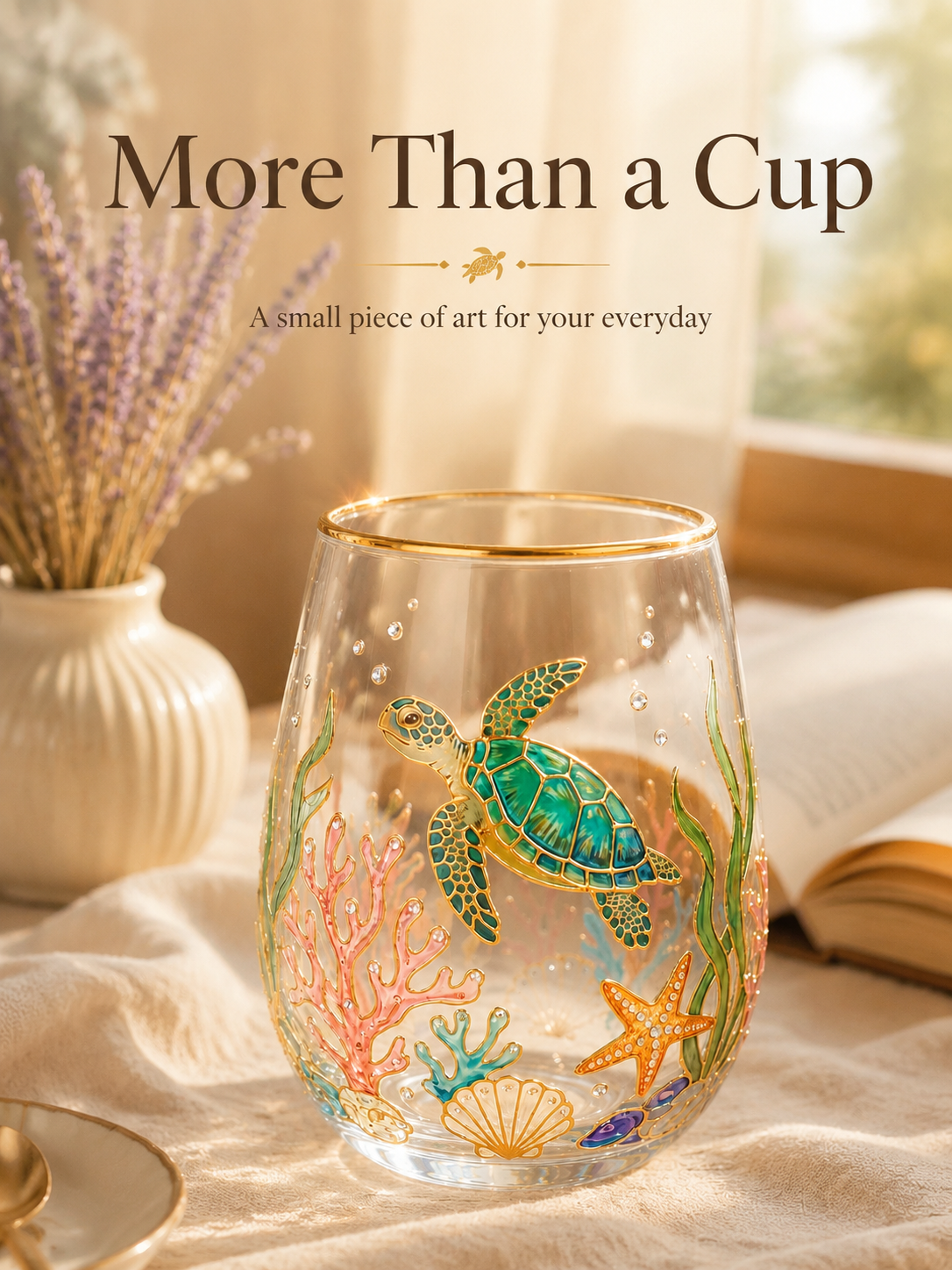 Handmade enamel-painted glass teacup with floral design