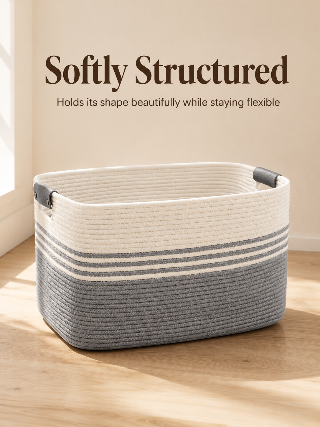 Simple style cotton rope basket with leather handle for storage