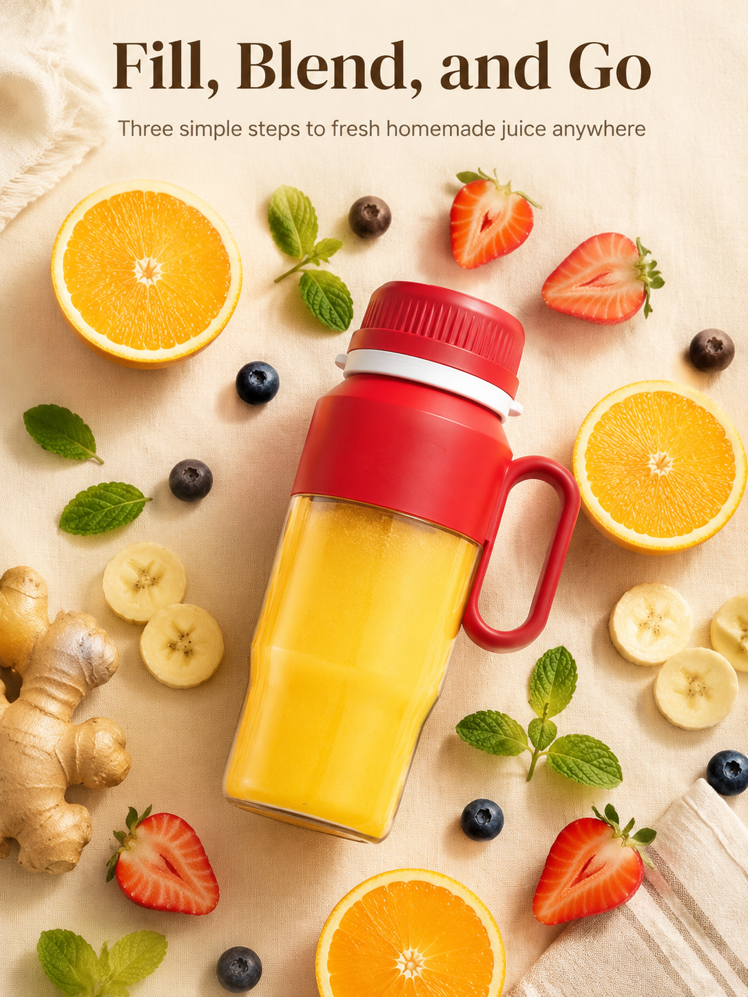 Portable extra-large capacity electric juicer cup with fruit ingredients