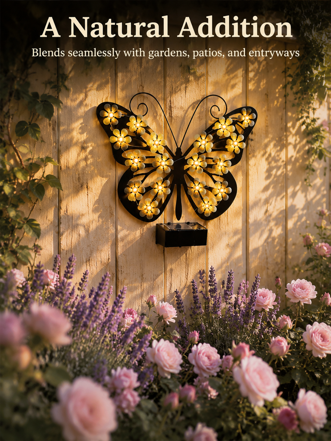 Solar-powered butterfly wall light for garden decoration