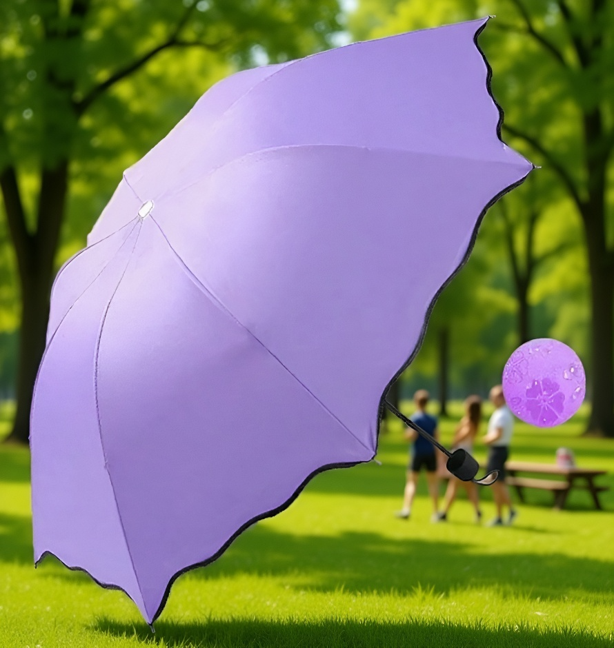 Paraguas floral abierto mostrando protección solar