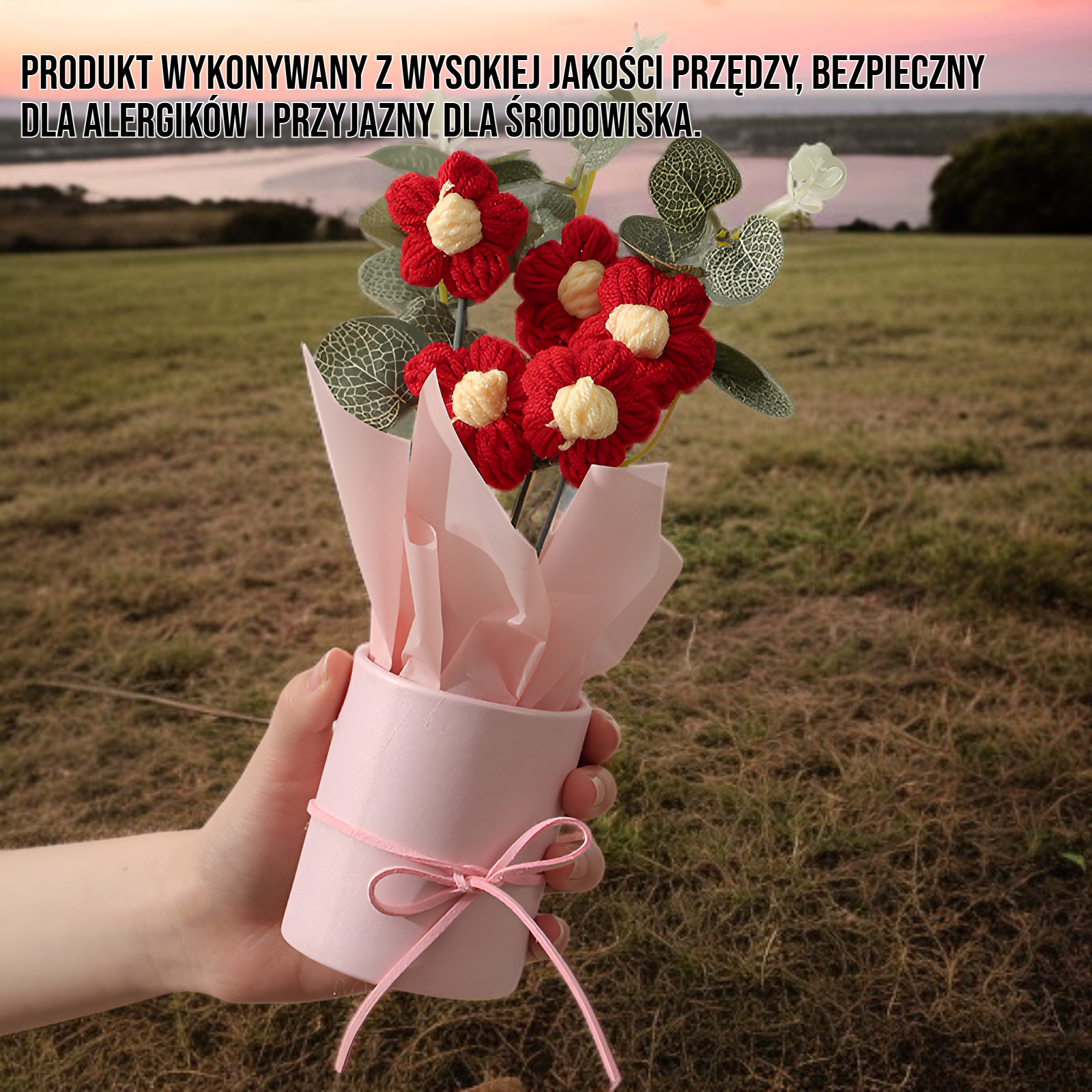 Zbliżenie na detale dzianych kwiatów