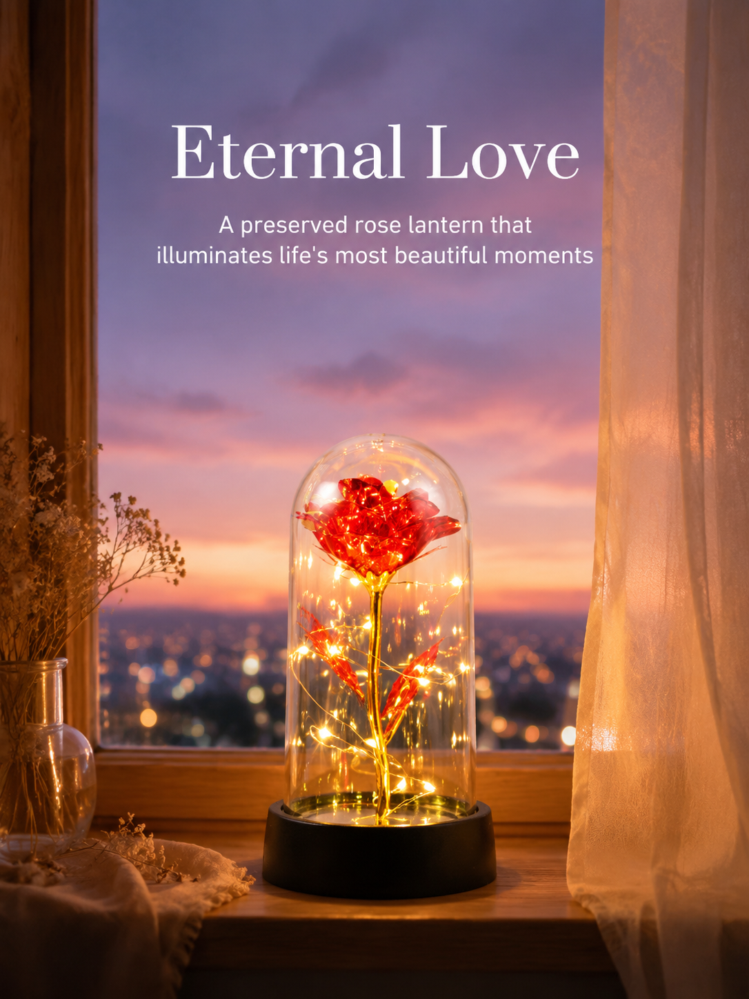 Eternal Love Rose Lantern with glowing preserved rose