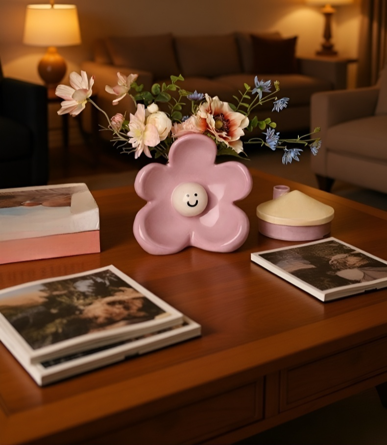 Vază decorativă cu față zâmbitoare în cameră