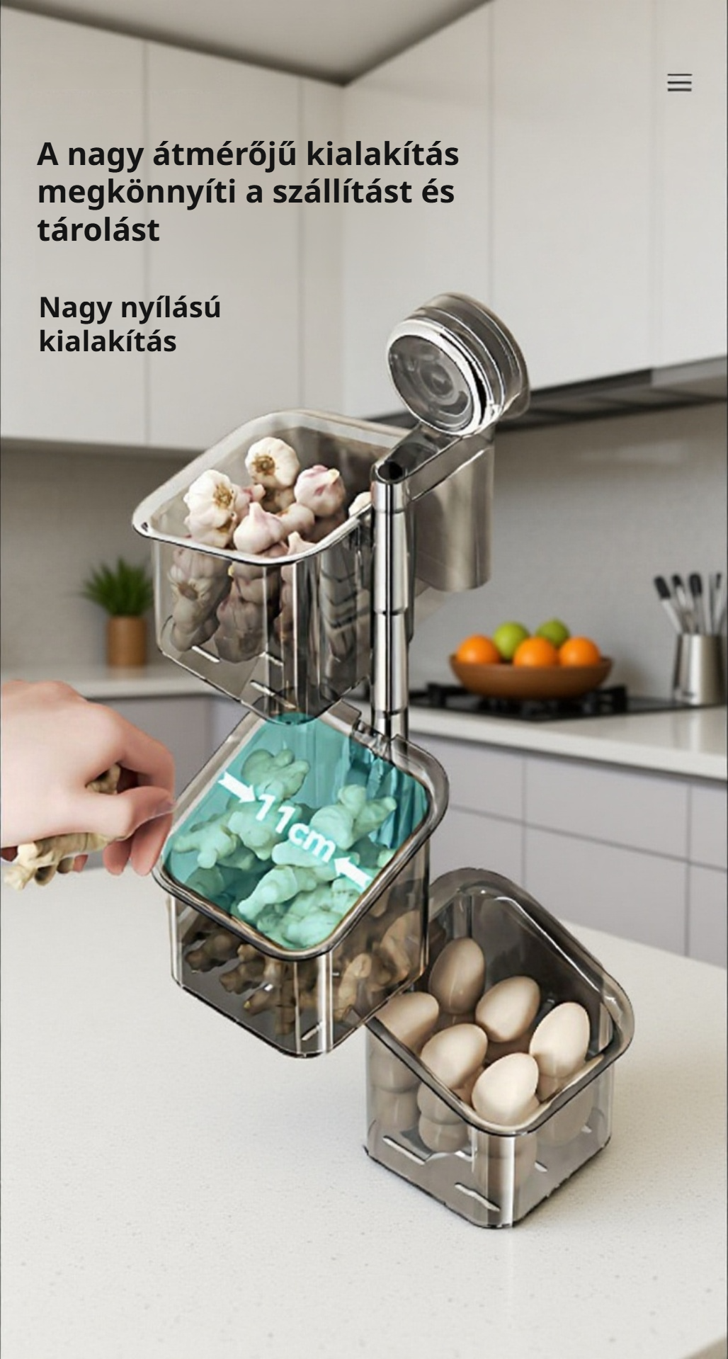 Modern, forgatható tárolódoboz friss zöldségekhez