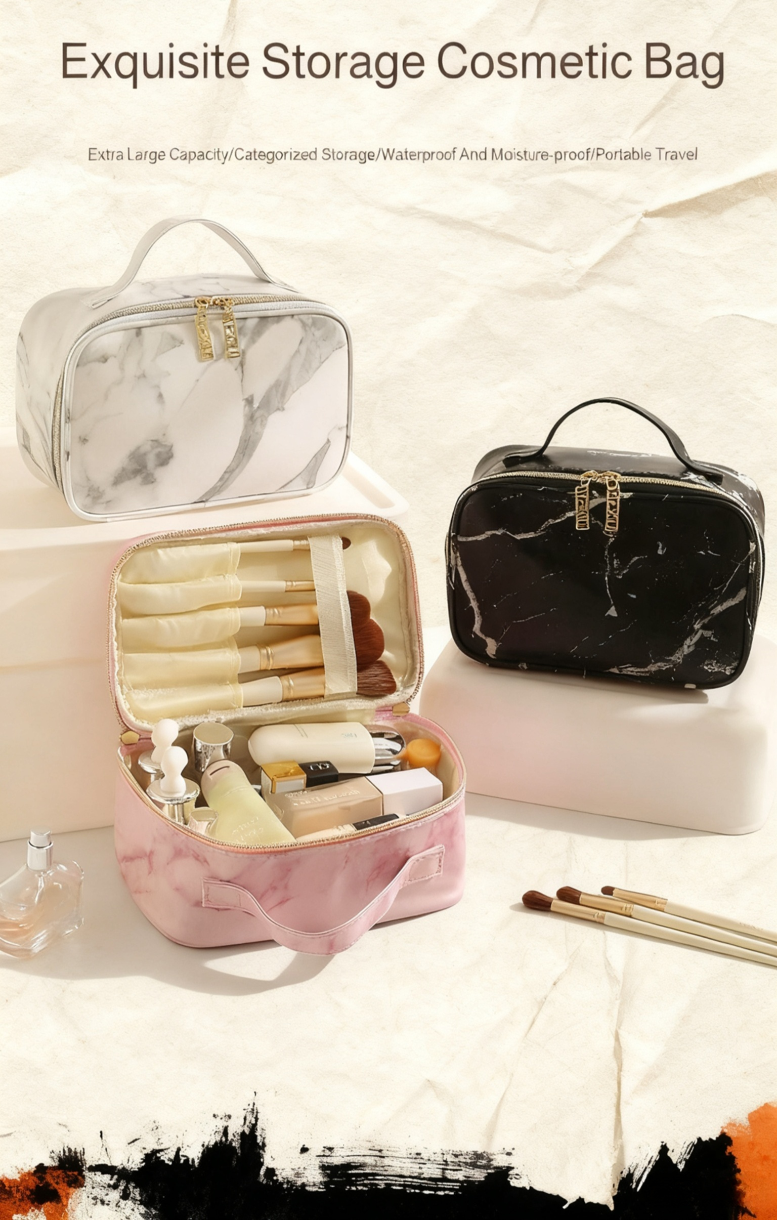 Large Capacity Marble Pattern Travel Cosmetic Bag front view