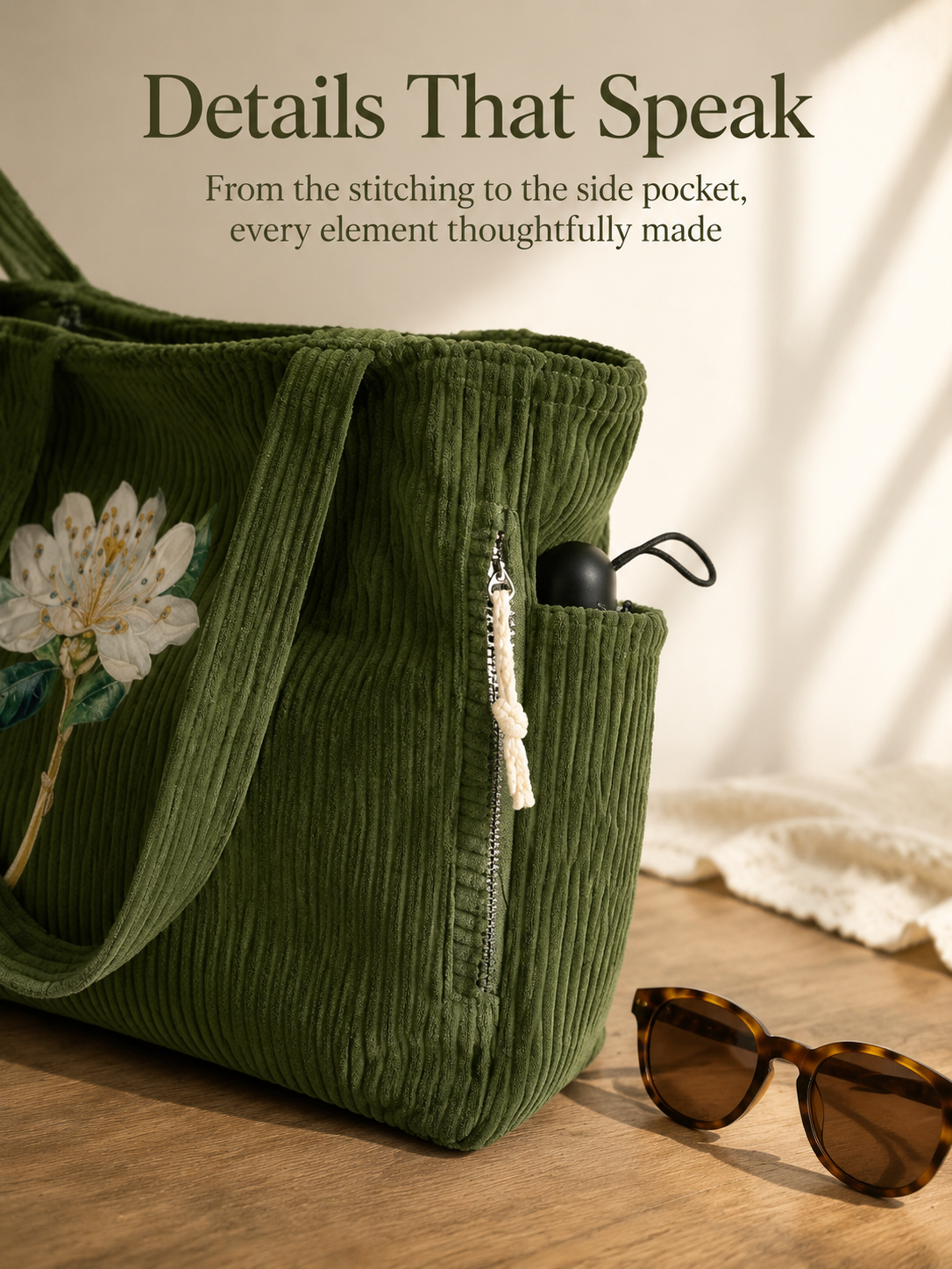 Handcrafted corduroy tote with custom name and birth flower