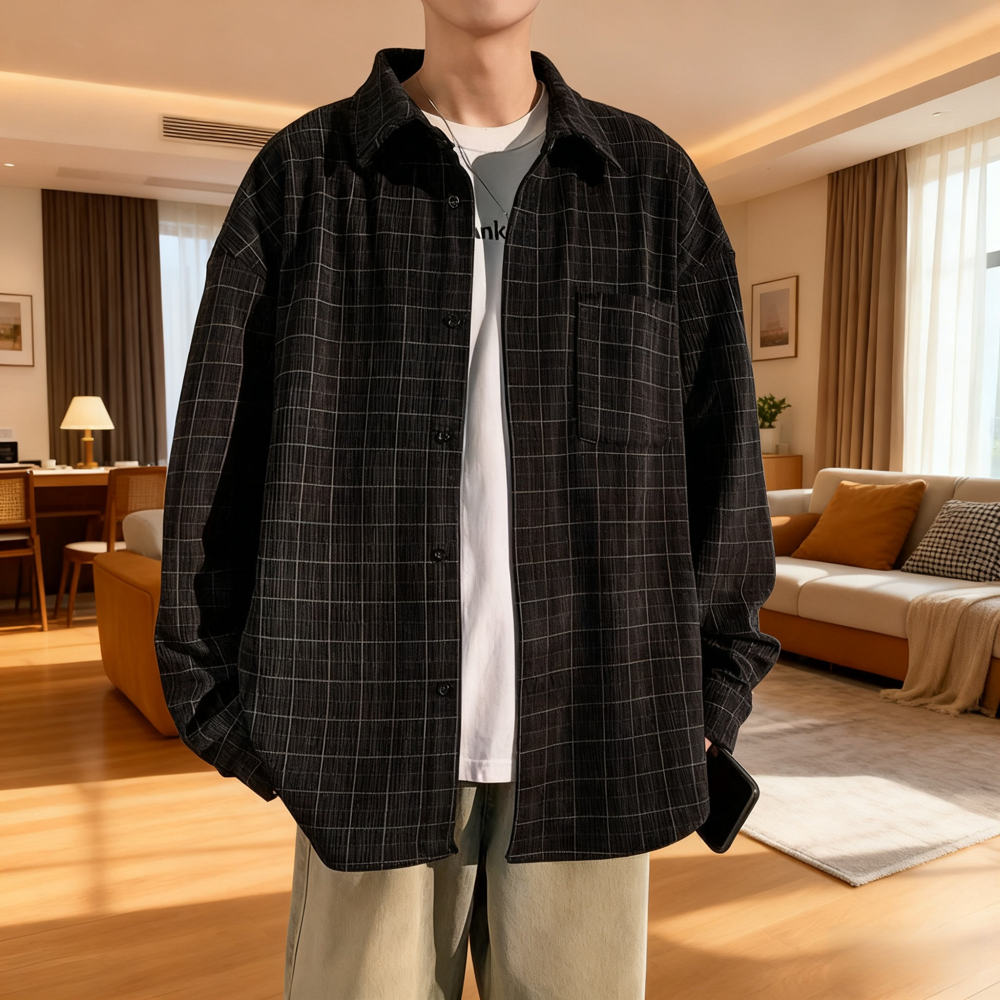 Detail of shirt collar and buttons on men's corduroy plaid jacket