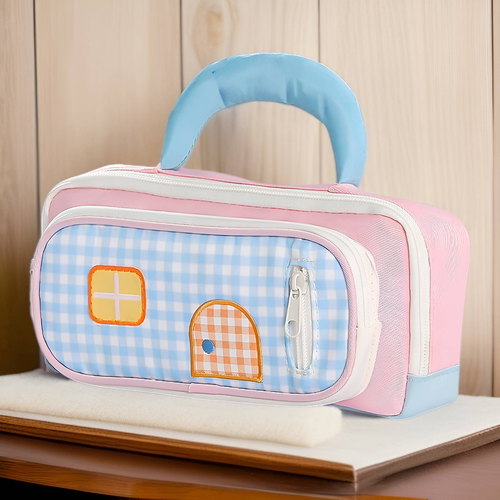 Handheld storage bag filled with pens and pencils