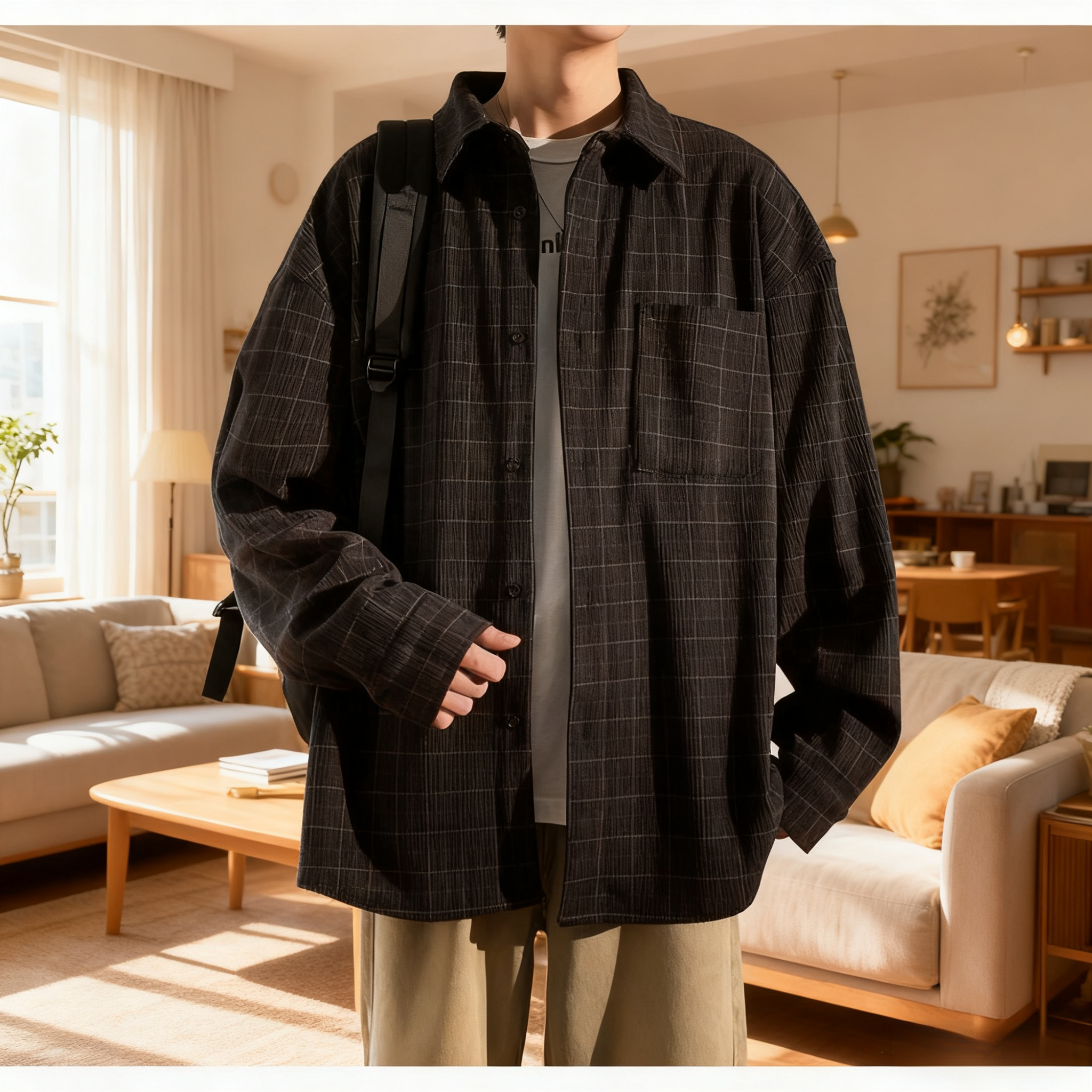 Back view of men's vintage corduroy plaid long sleeve shirt jacket