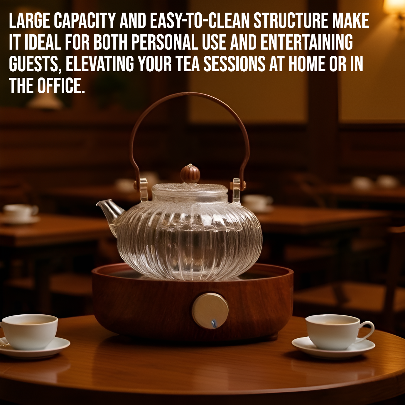 Transparent glass teapot showcasing tea leaves