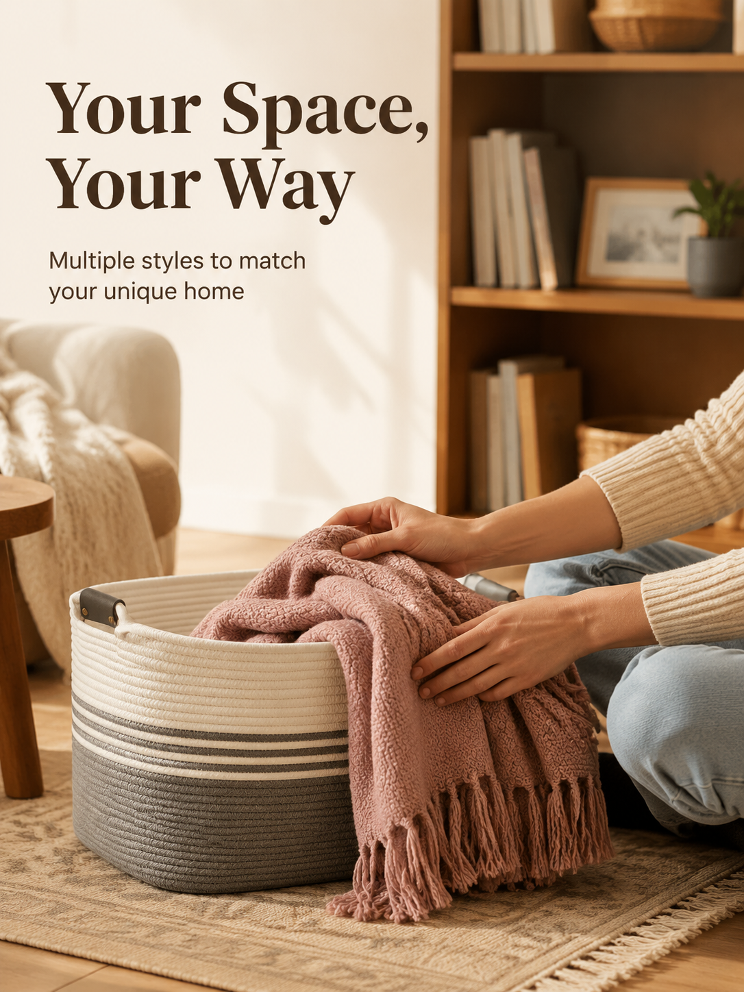 Cotton rope storage basket with brown leather handle