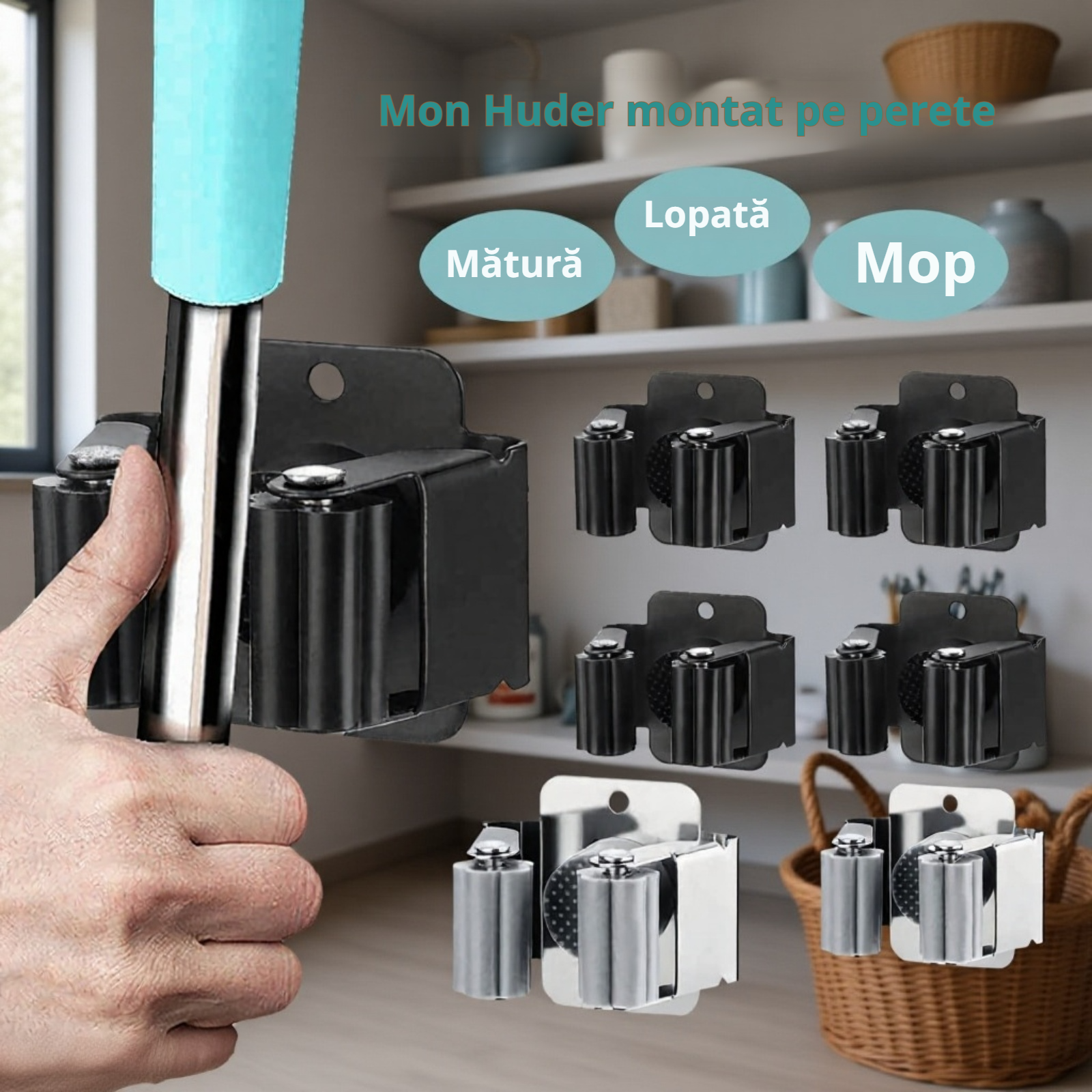 Detaliu fixare suport mop fără găuri în perete