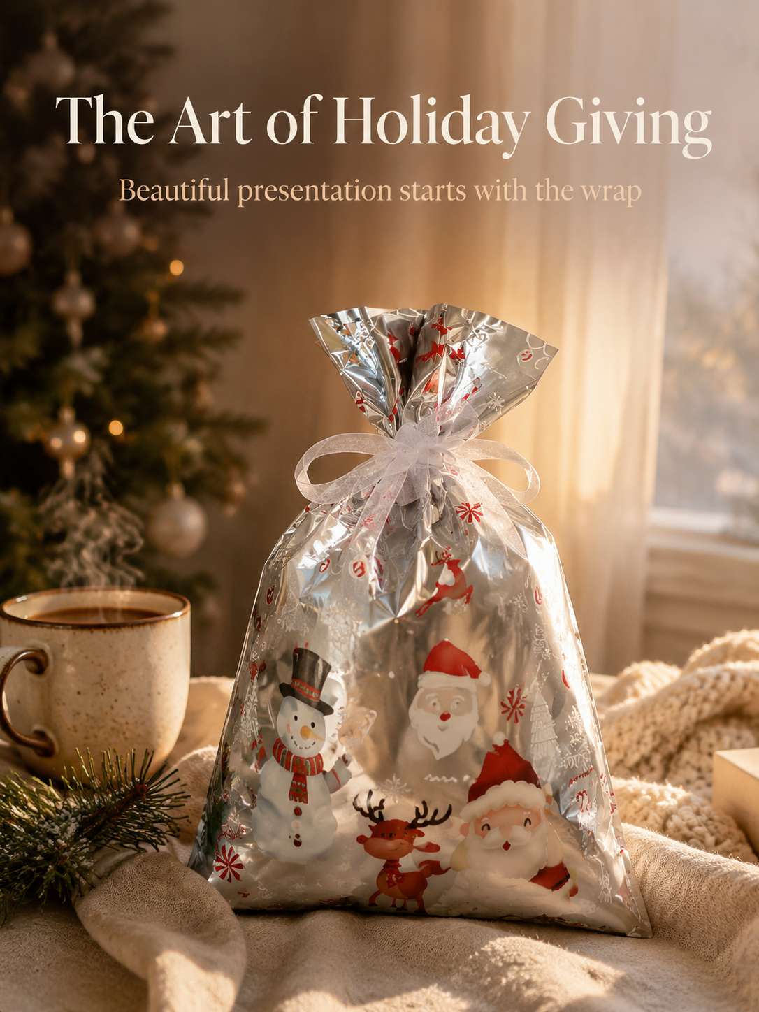 Christmas gift bag set with drawstring closure in festive designs