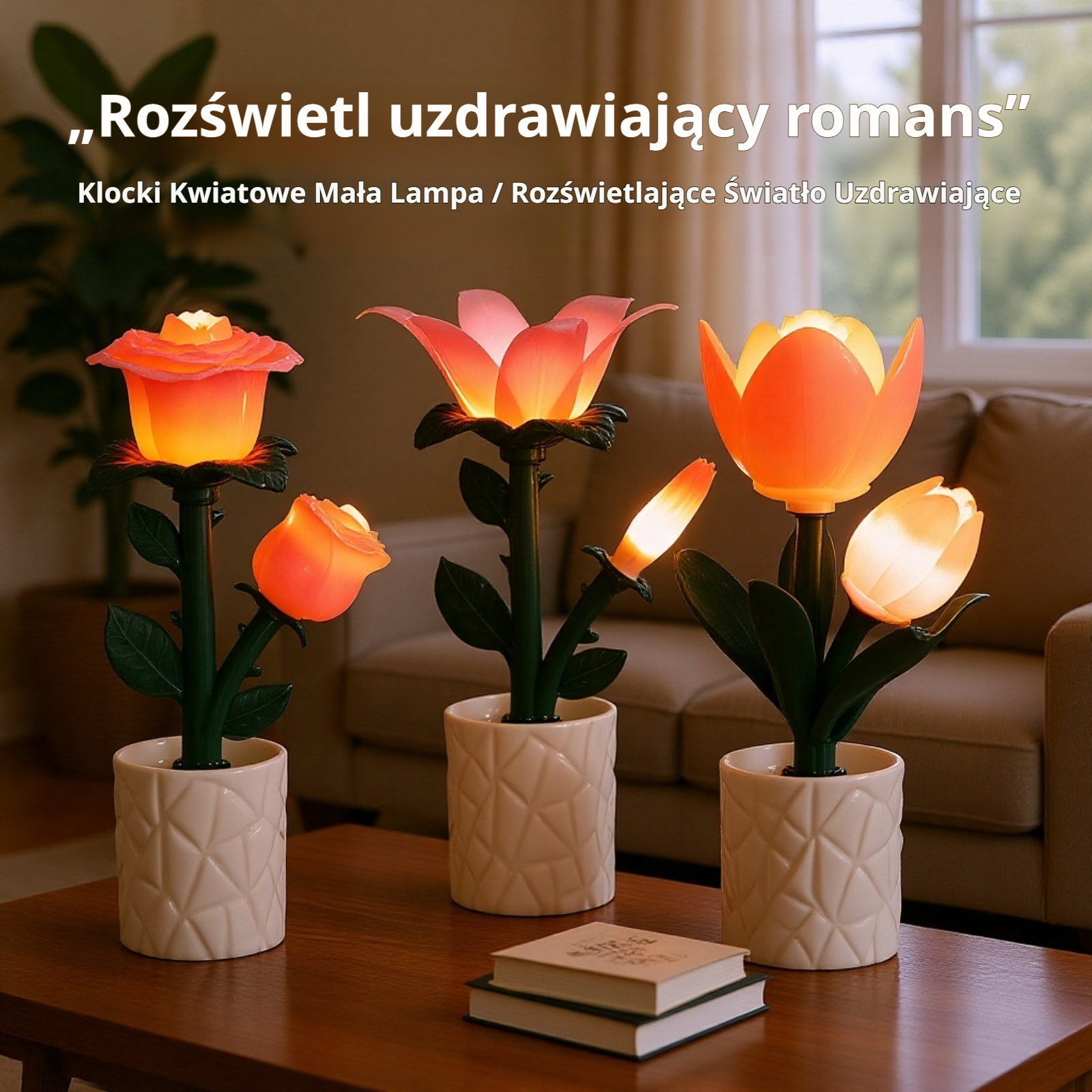 Kreatywna lampka nocna z klocków w kształcie tulipana i róży