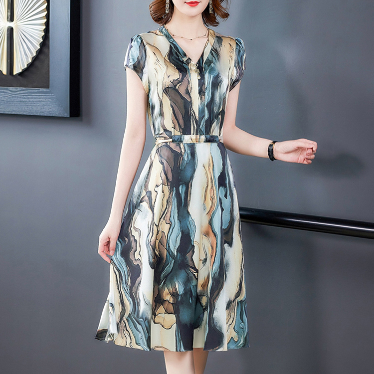 プリント柄ワンピース 新作 夏 お洒落 上質シルク カジュアル 着痩せ ウエスト紐 Sremiy Com