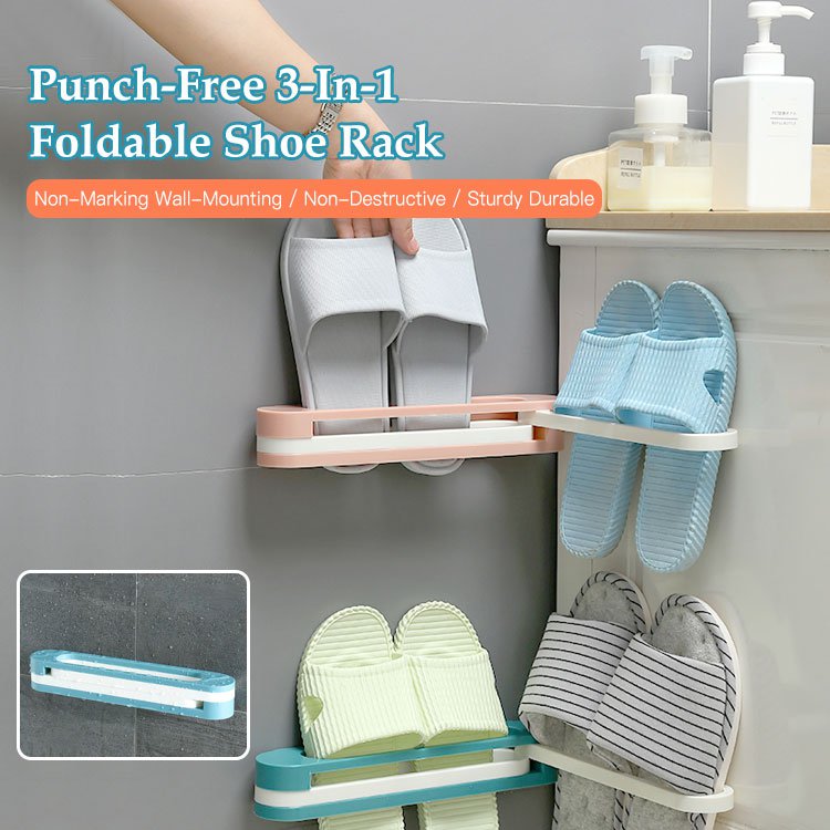 Punch-Free 3-In-1 Foldable Shoe Rack Bathroom Slipper Rack Wall Mounted Shoe Drainage Artifact Rack 