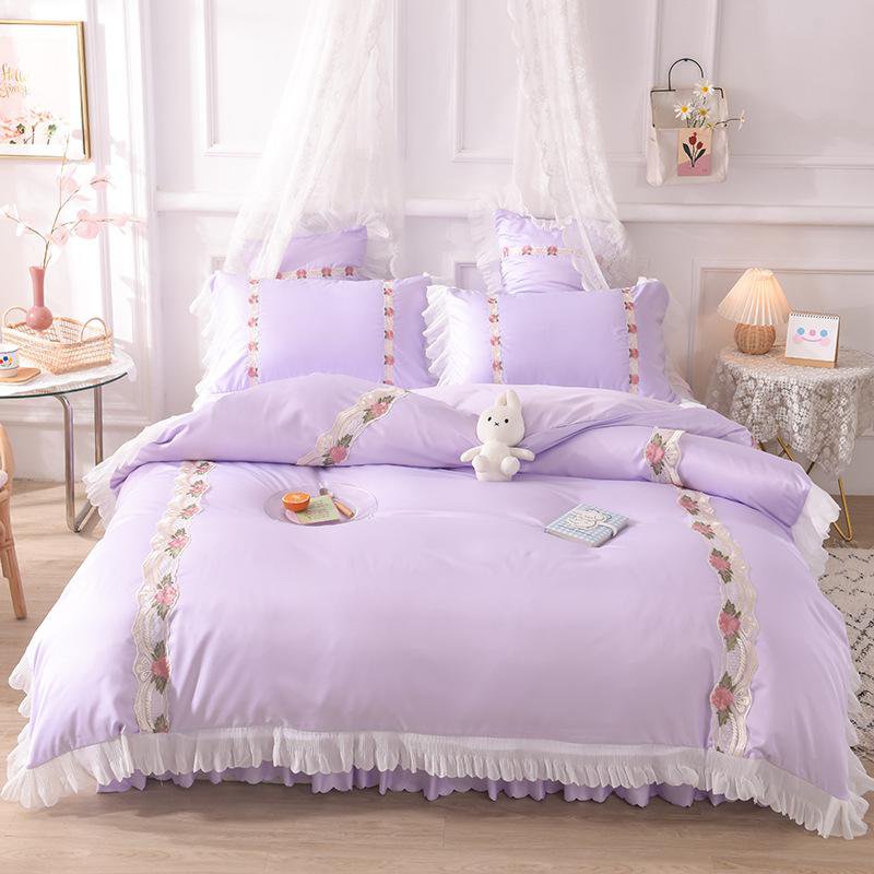 Washed Tencel Korean Embroidered Princess Style 4Pcs Set Quilt Cover Bed Skirt Pillowcases