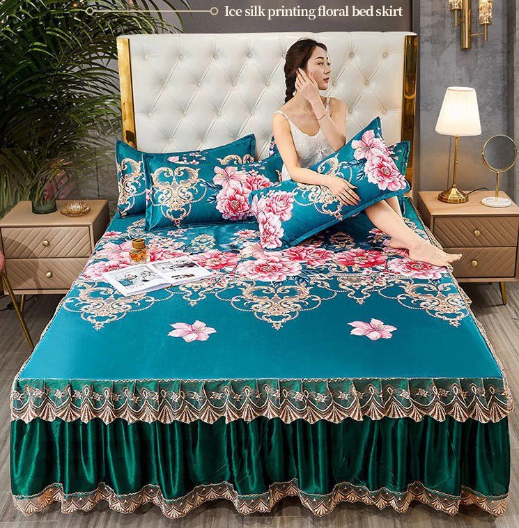 3 In 1 Bedding Sets Ice Silk Foldable Smooth Bed Skirt Pillow Cases Queen King 