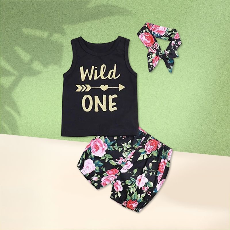 تيشيرت بدون الكم + سروال قصير مطبوع بالحرف للأطفال