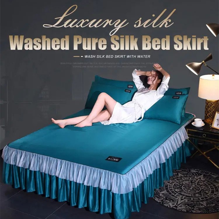 3 In 1 Bedding Sets Solid Color Ice Silk Bed Skirt  Pillow Cases Queen King  